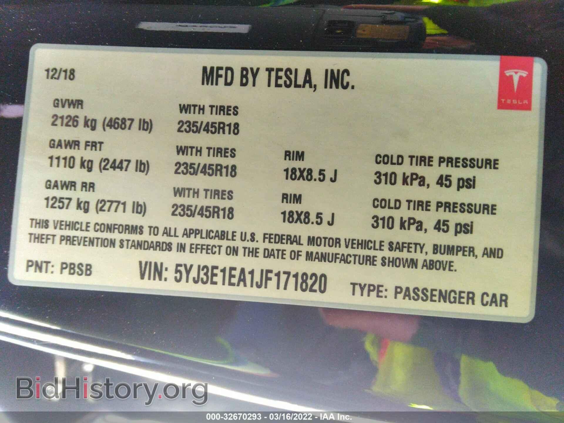 2018 TESLA MODEL 3 - VIN: 5YJ3E1EA1JF171820 - Фото 9