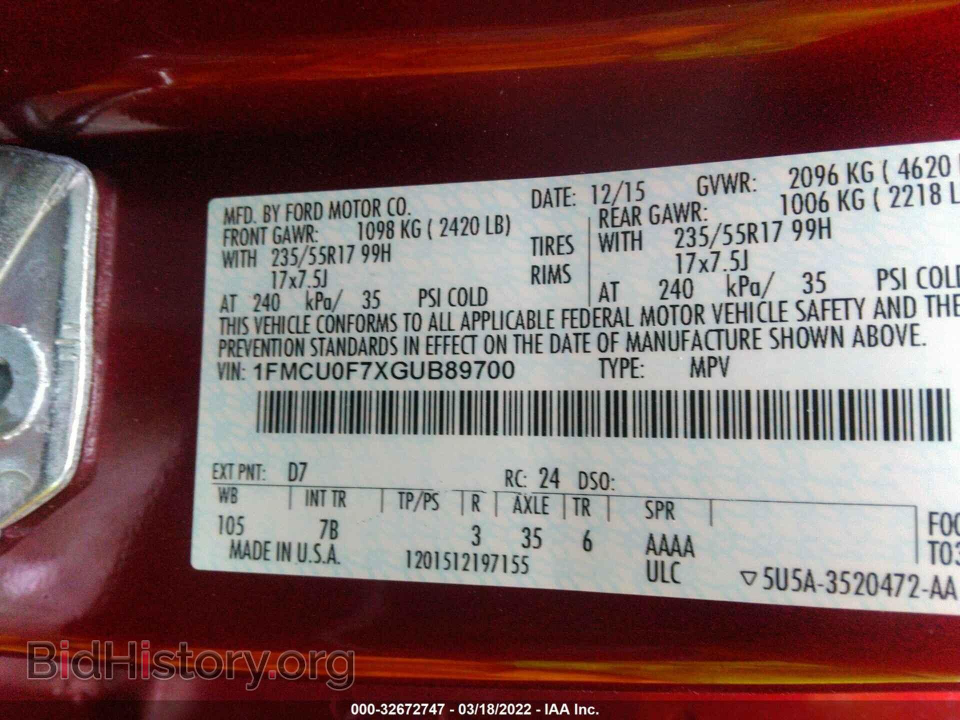 2016 FORD ESCAPE - VIN: 1FMCU0F7XGUB89700 - Фото 9