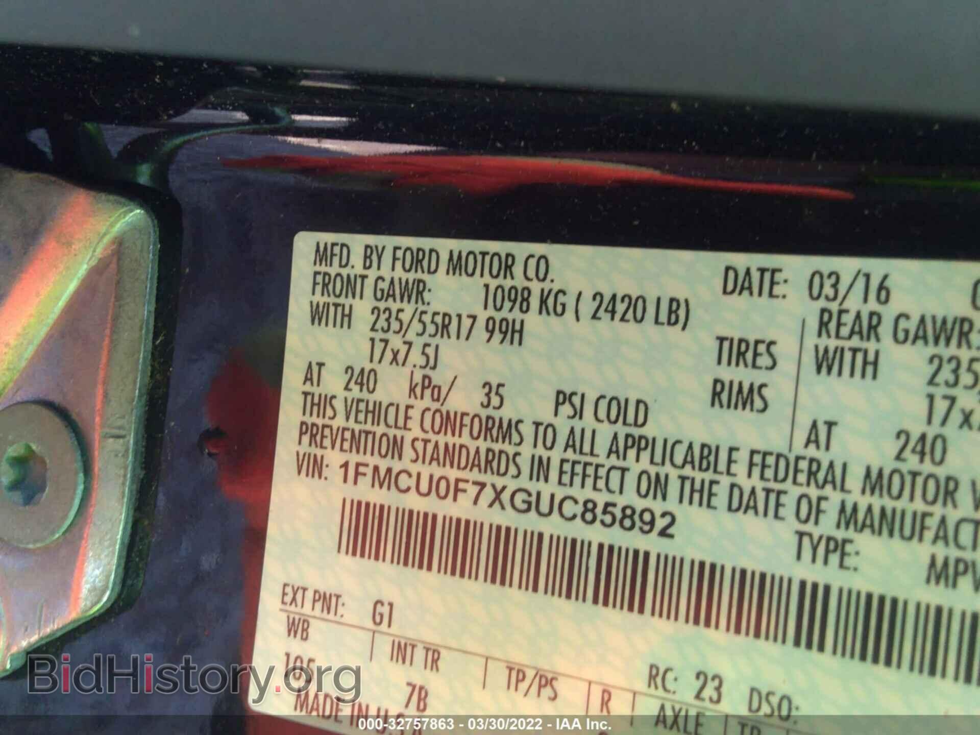 2016 FORD ESCAPE - VIN: 1FMCU0F7XGUC85892 - Фото 9