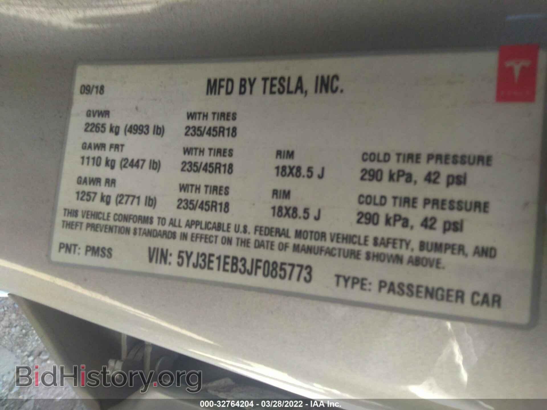 2018 TESLA MODEL 3 - VIN: 5YJ3E1EB3JF085773 - Фото 9