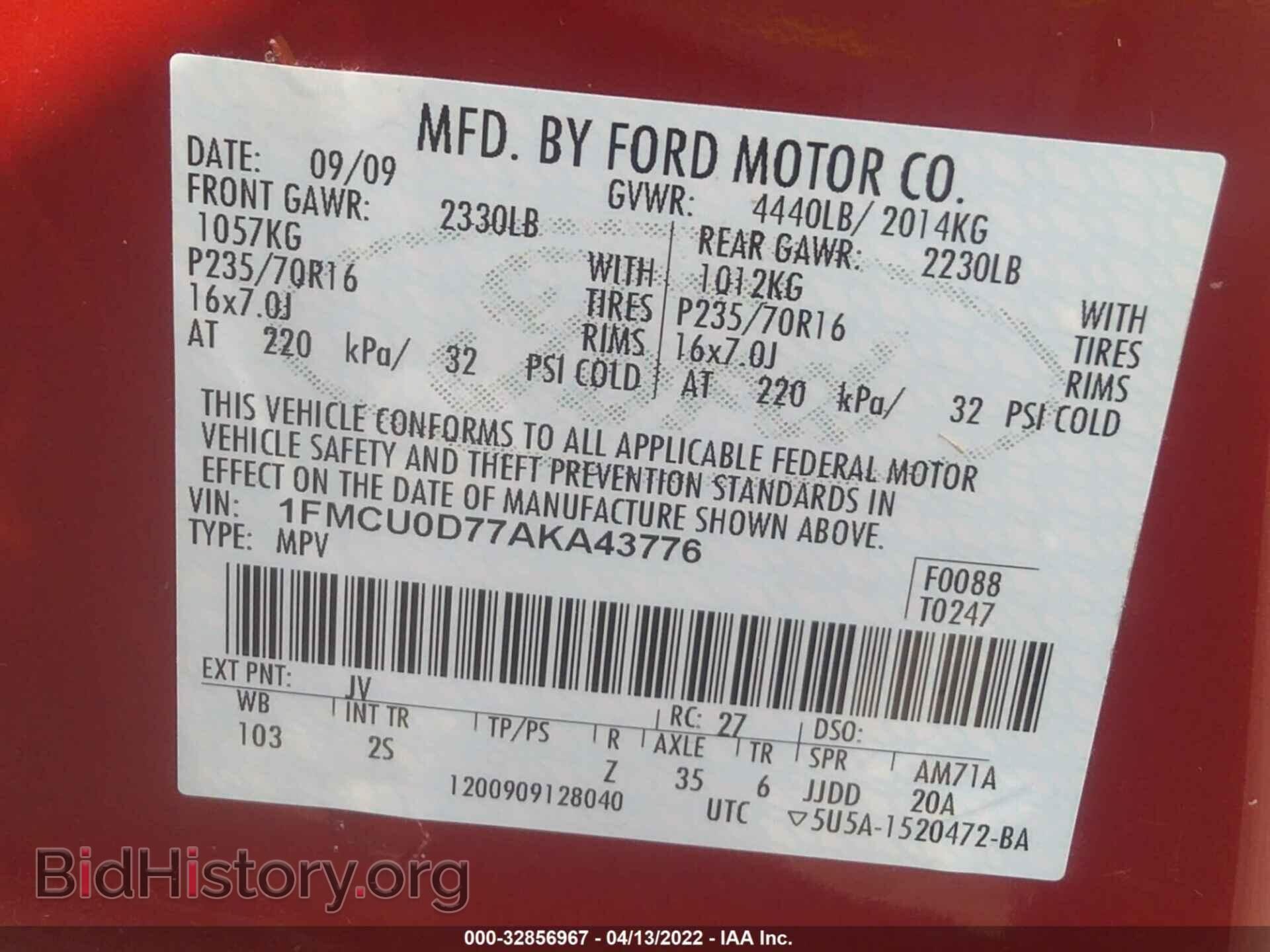 2010 FORD ESCAPE - VIN: 1FMCU0D77AKA43776 - Фото 9