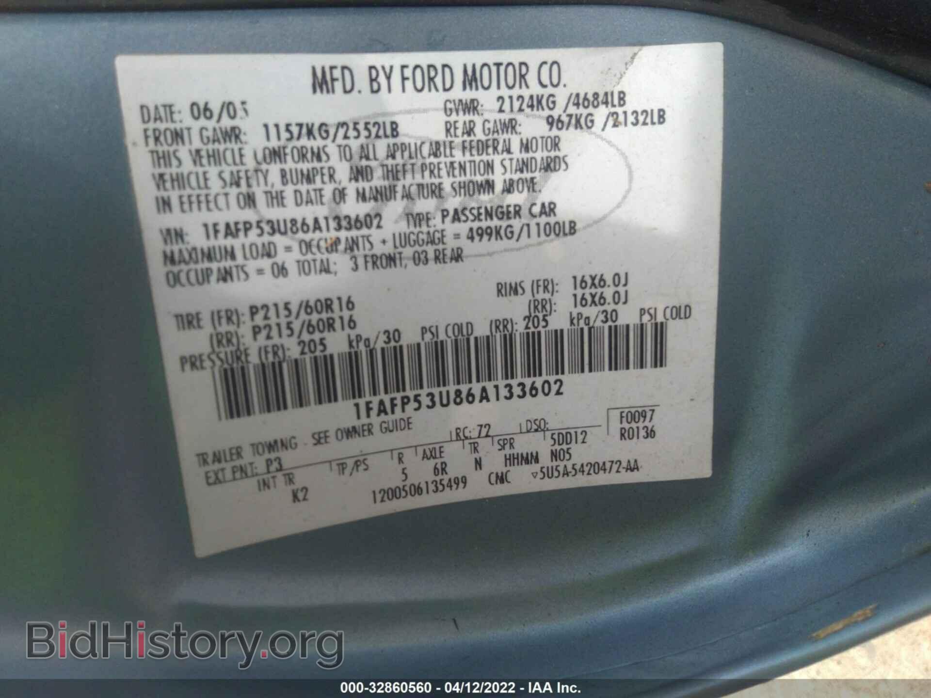 2006 FORD TAURUS - VIN: 1FAFP53U86A133602 - Фото 9