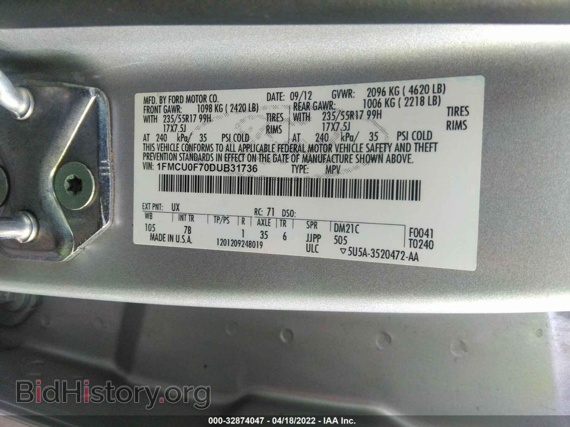 2013 FORD ESCAPE - VIN: 1FMCU0F70DUB31736 - Фото 9