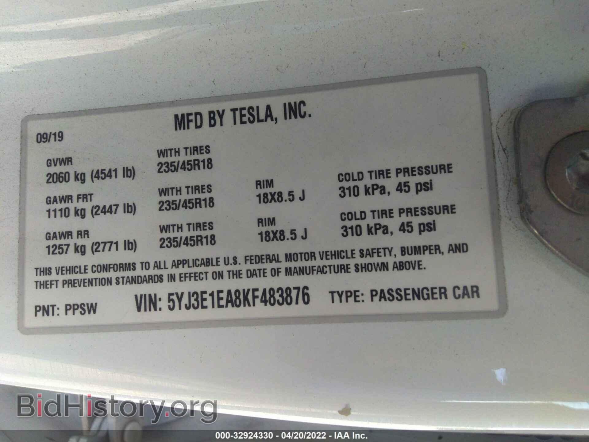 2019 TESLA MODEL 3 - VIN: 5YJ3E1EA8KF483876 - Photo 9