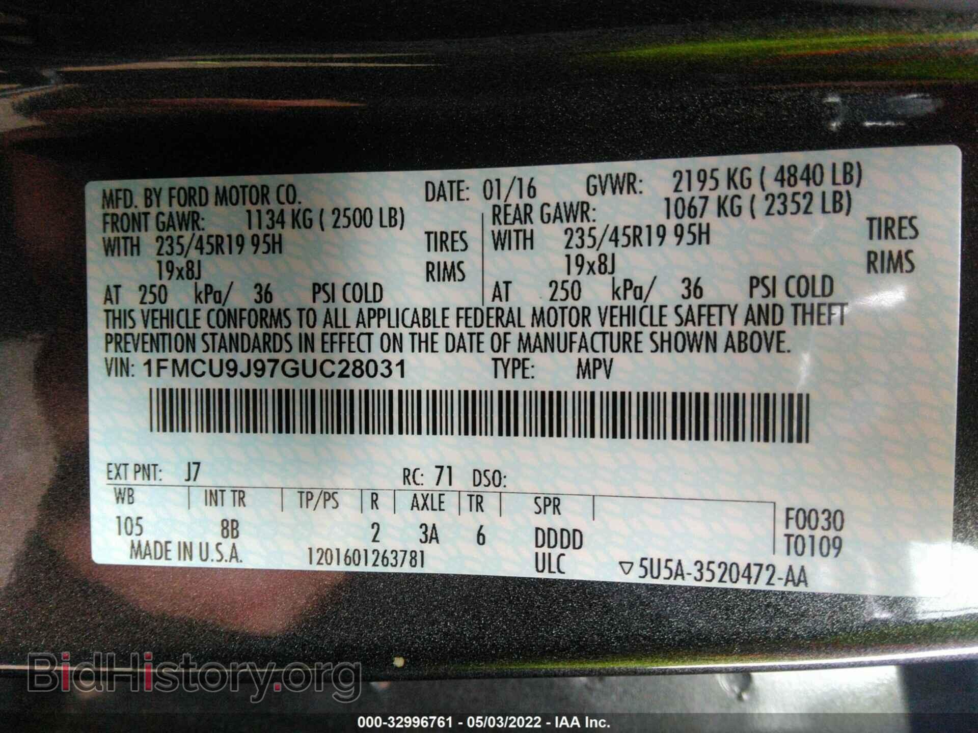 2016 FORD ESCAPE - VIN: 1FMCU9J97GUC28031 - Photo 9