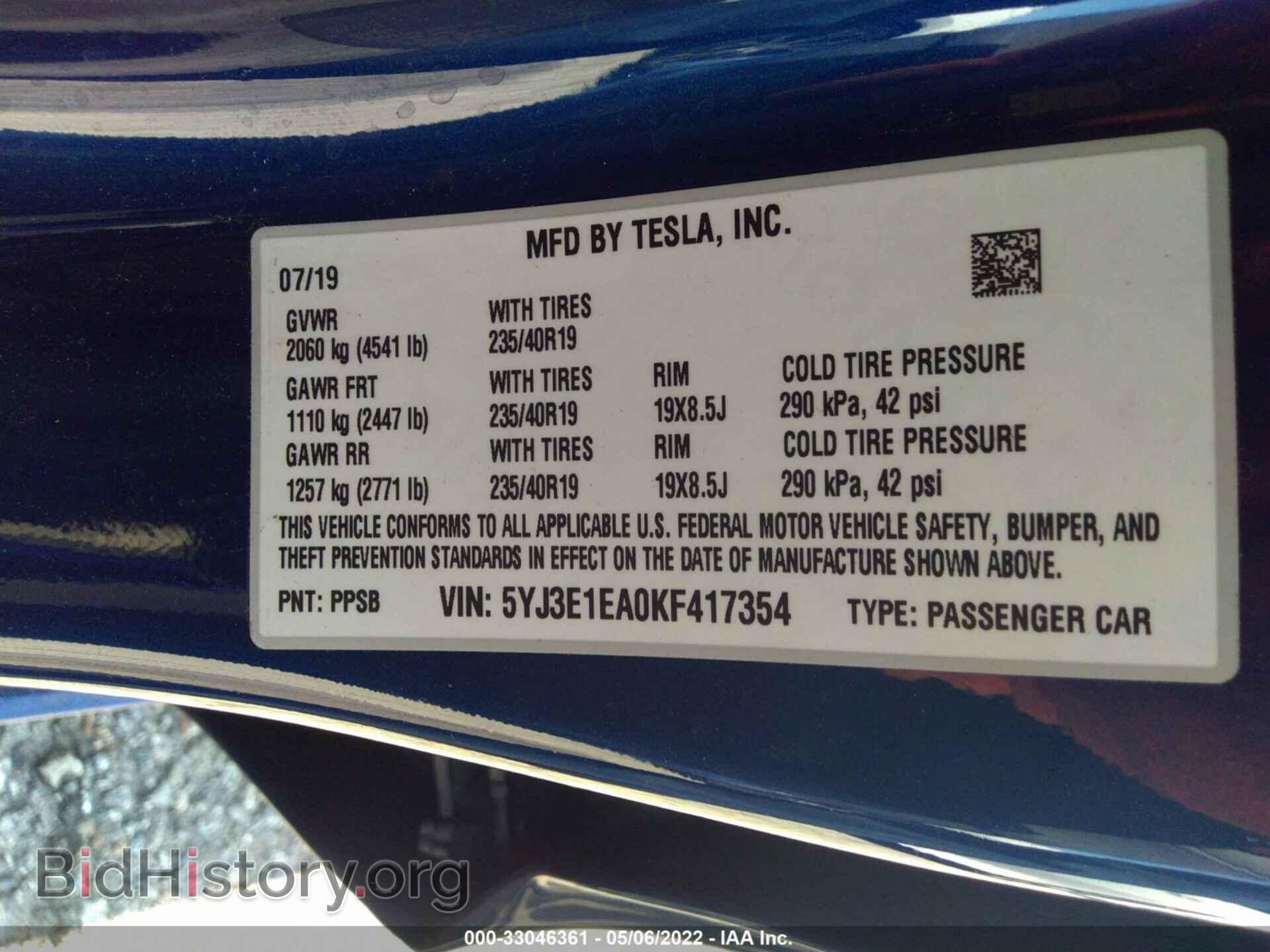 2019 TESLA MODEL 3 - VIN: 5YJ3E1EA0KF417354 - Фото 9