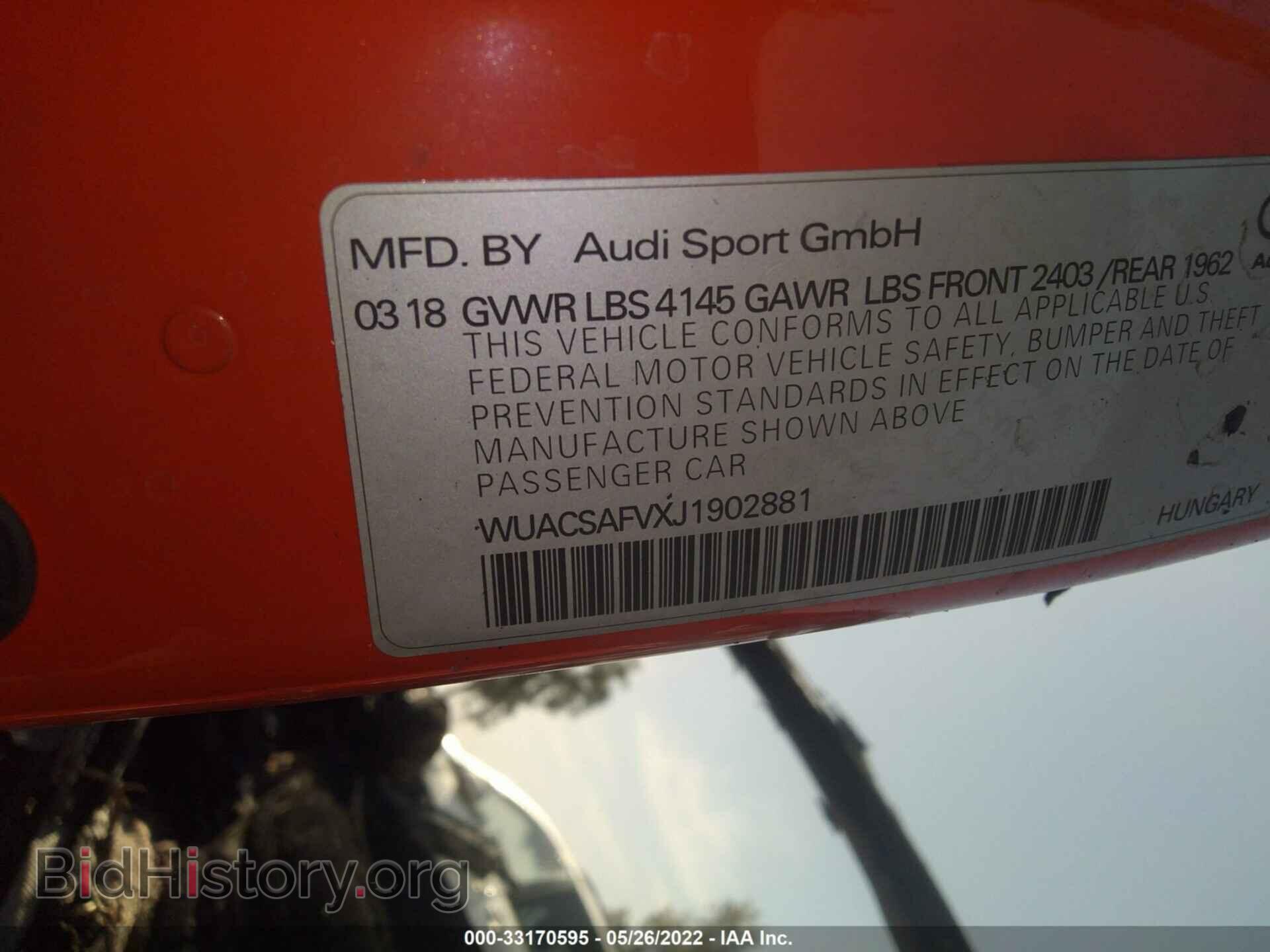 2018 AUDI TT RS - VIN: WUACSAFVXJ1902881 - Фото 9