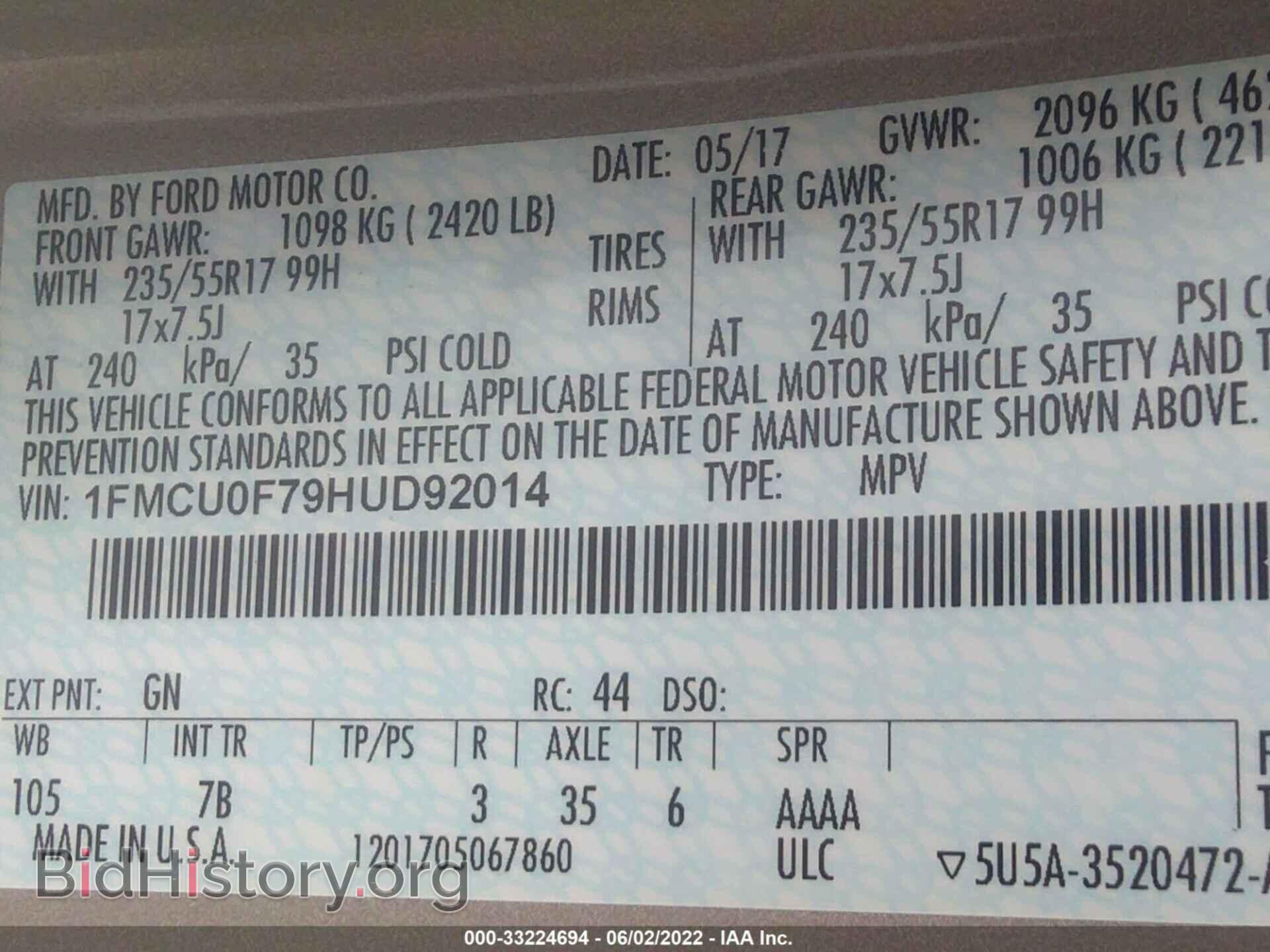 2017 FORD ESCAPE - VIN: 1FMCU0F79HUD92014 - Photo 9