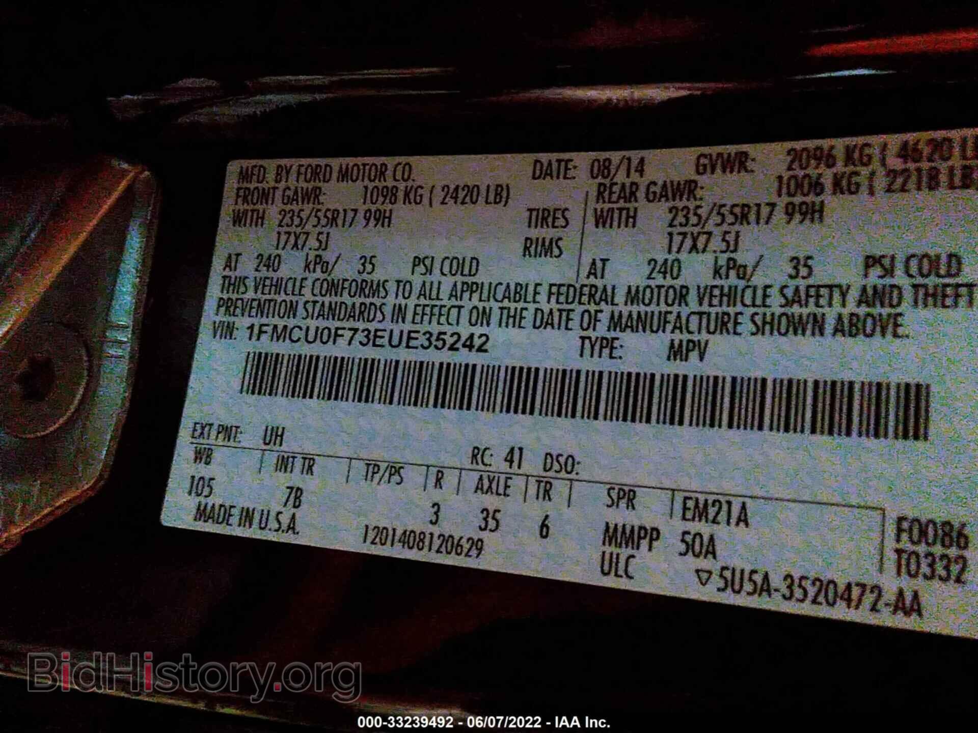 2014 FORD ESCAPE - VIN: 1FMCU0F73EUE35242 - Фото 9