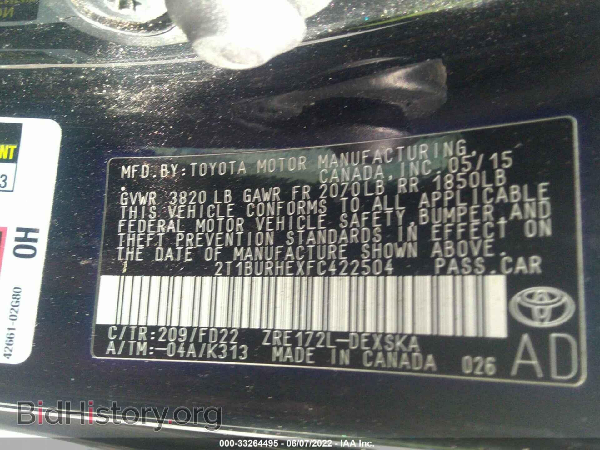2015 TOYOTA COROLLA - VIN: 2T1BURHEXFC422504 - Фото 9