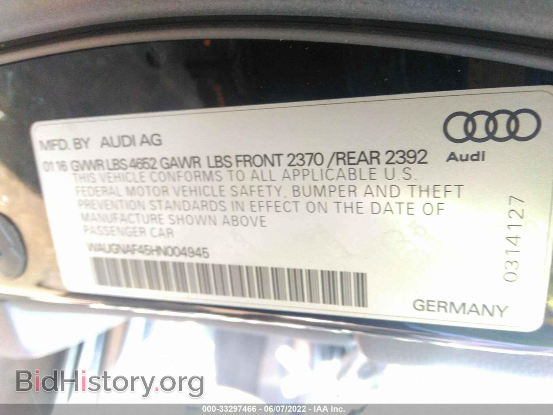 2017 AUDI A4 - VIN: WAUGNAF45HN004945 - Фото 9