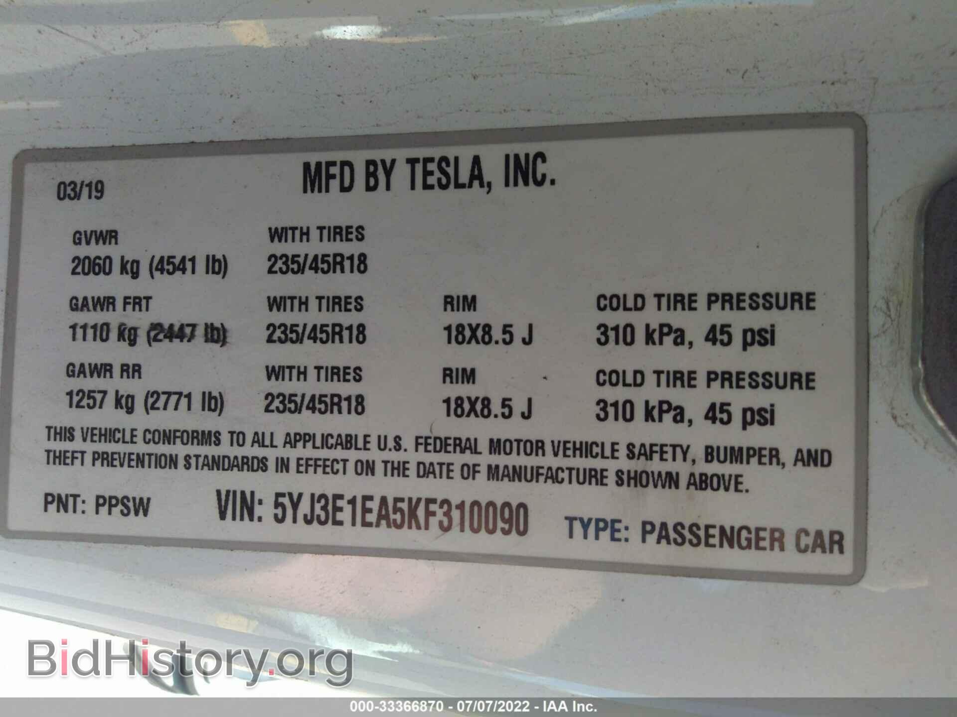 2019 TESLA MODEL 3 - VIN: 5YJ3E1EA5KF310090 - Фото 9