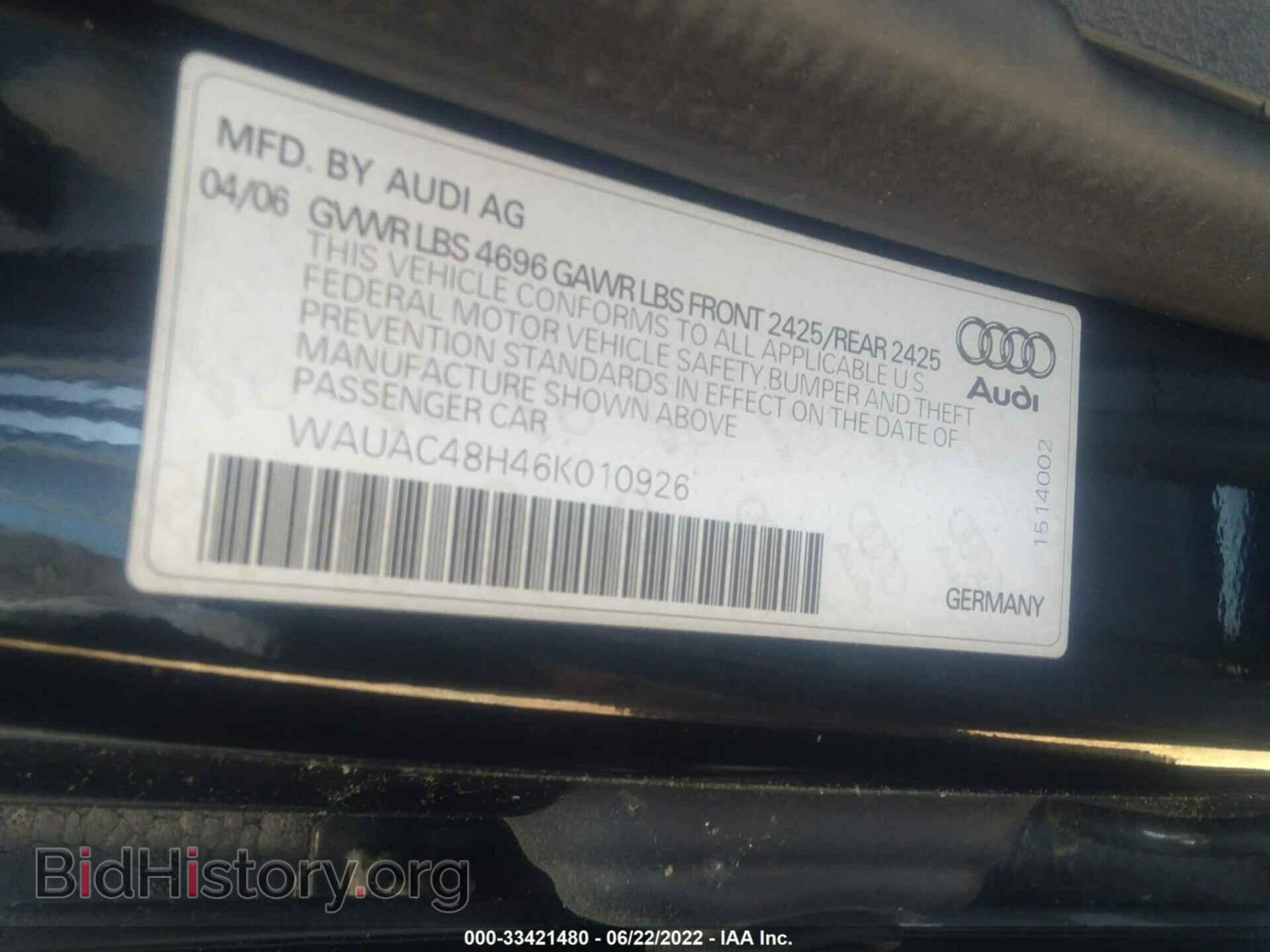 2006 AUDI A4 - VIN: WAUAC48H46K010926 - Фото 9
