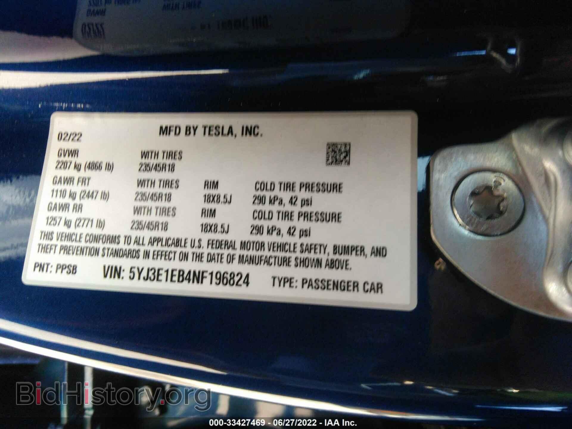 2022 TESLA MODEL 3 - VIN: 5YJ3E1EB4NF196824 - Фото 9