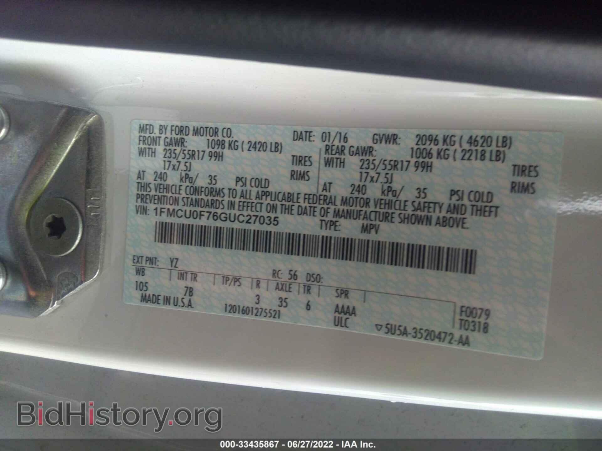 2016 FORD ESCAPE - VIN: 1FMCU0F76GUC27035 - Фото 9