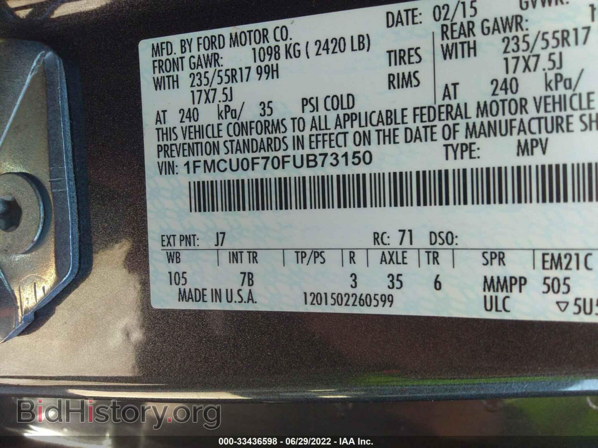2015 FORD ESCAPE - VIN: 1FMCU0F70FUB73150 - Photo 9