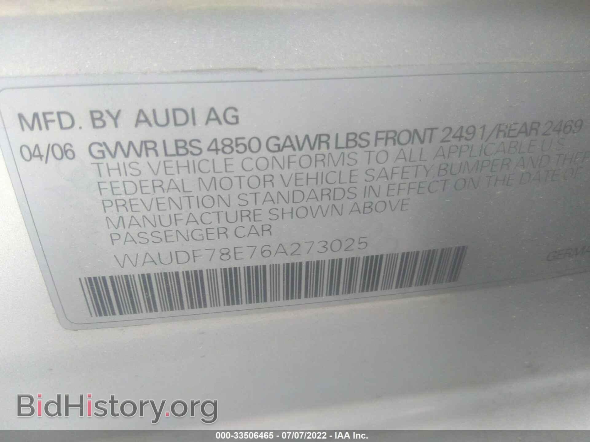 2006 AUDI A4 - VIN: WAUDF78E76A273025 - Фото 9