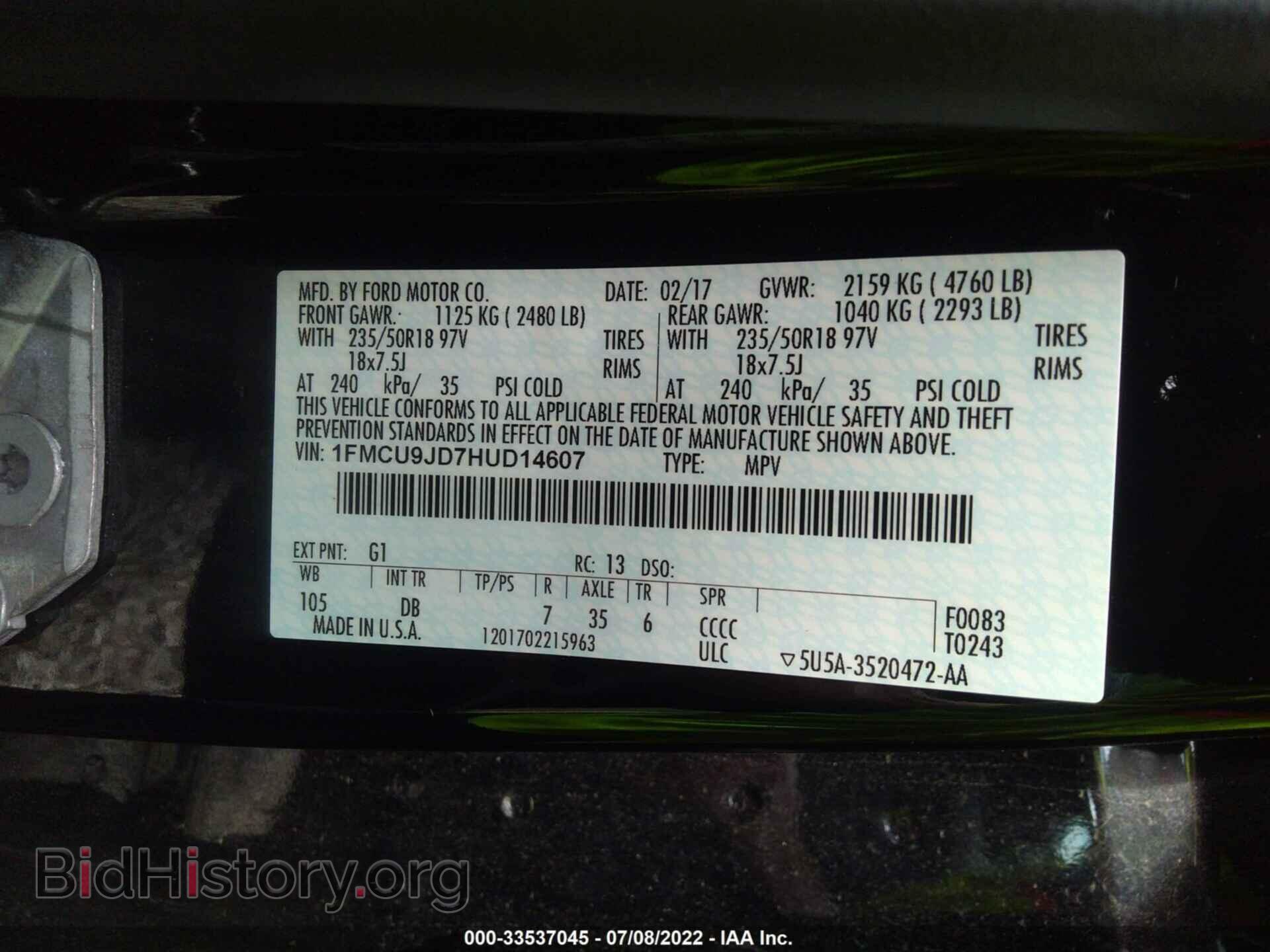 2017 FORD ESCAPE - VIN: 1FMCU9JD7HUD14607 - Photo 9