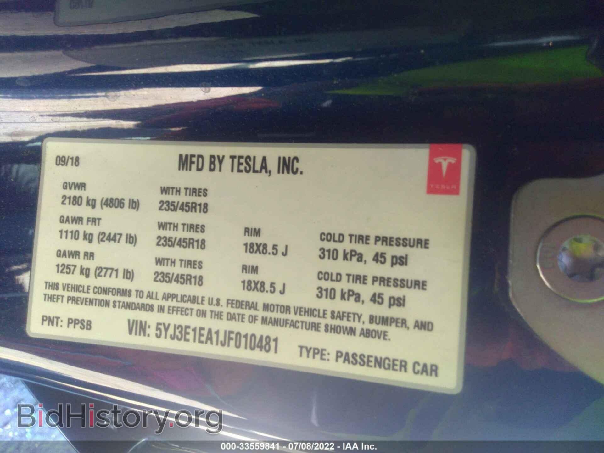 2018 TESLA MODEL 3 - VIN: 5YJ3E1EA1JF010481 - Photo 9