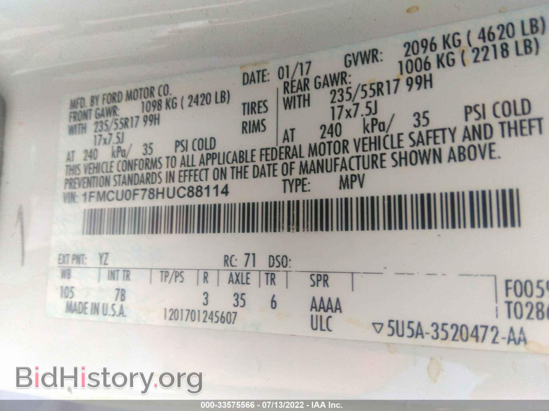 2017 FORD ESCAPE - VIN: 1FMCU0F78HUC88114 - Фото 9