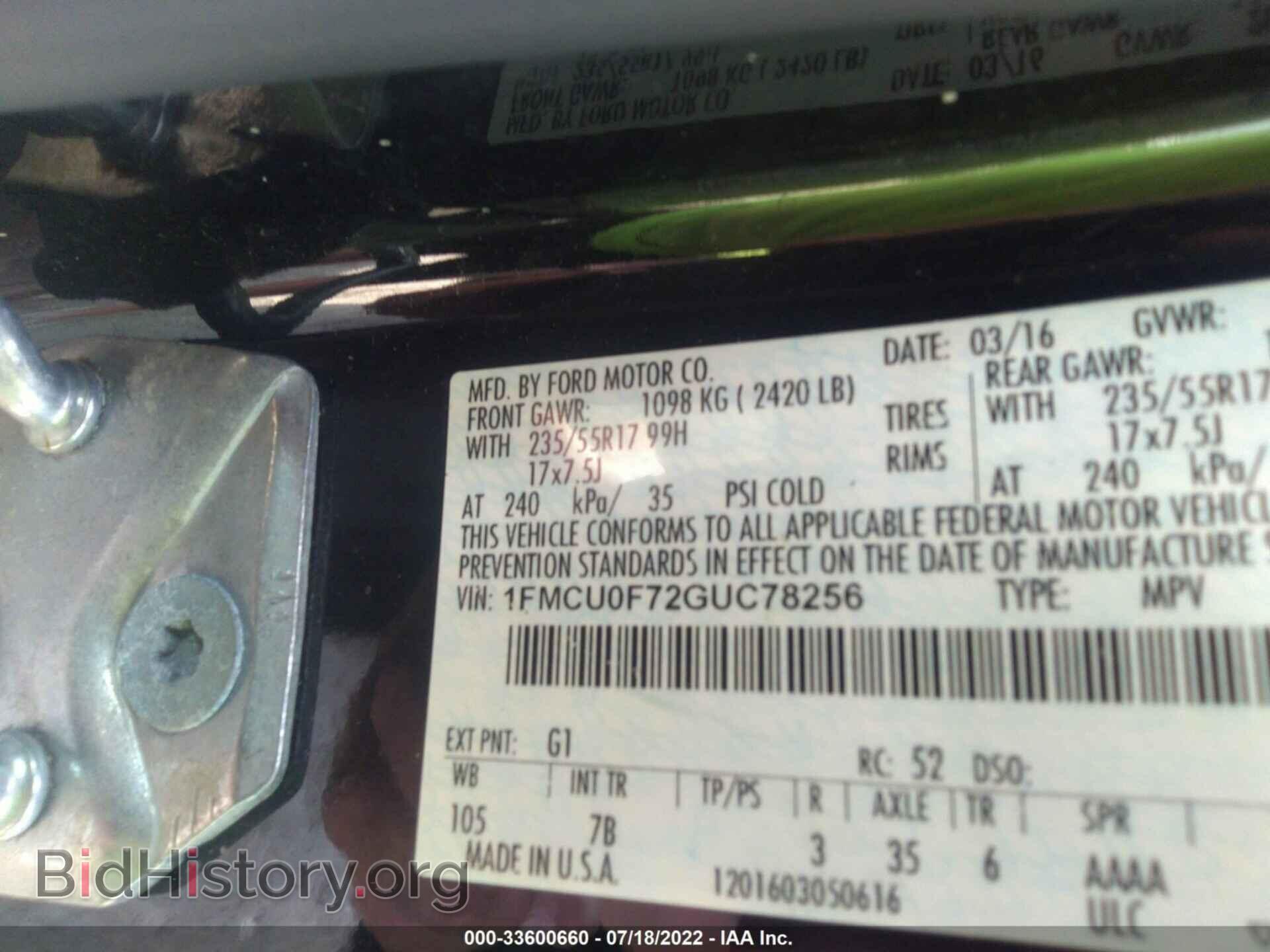 2016 FORD ESCAPE - VIN: 1FMCU0F72GUC78256 - Фото 9