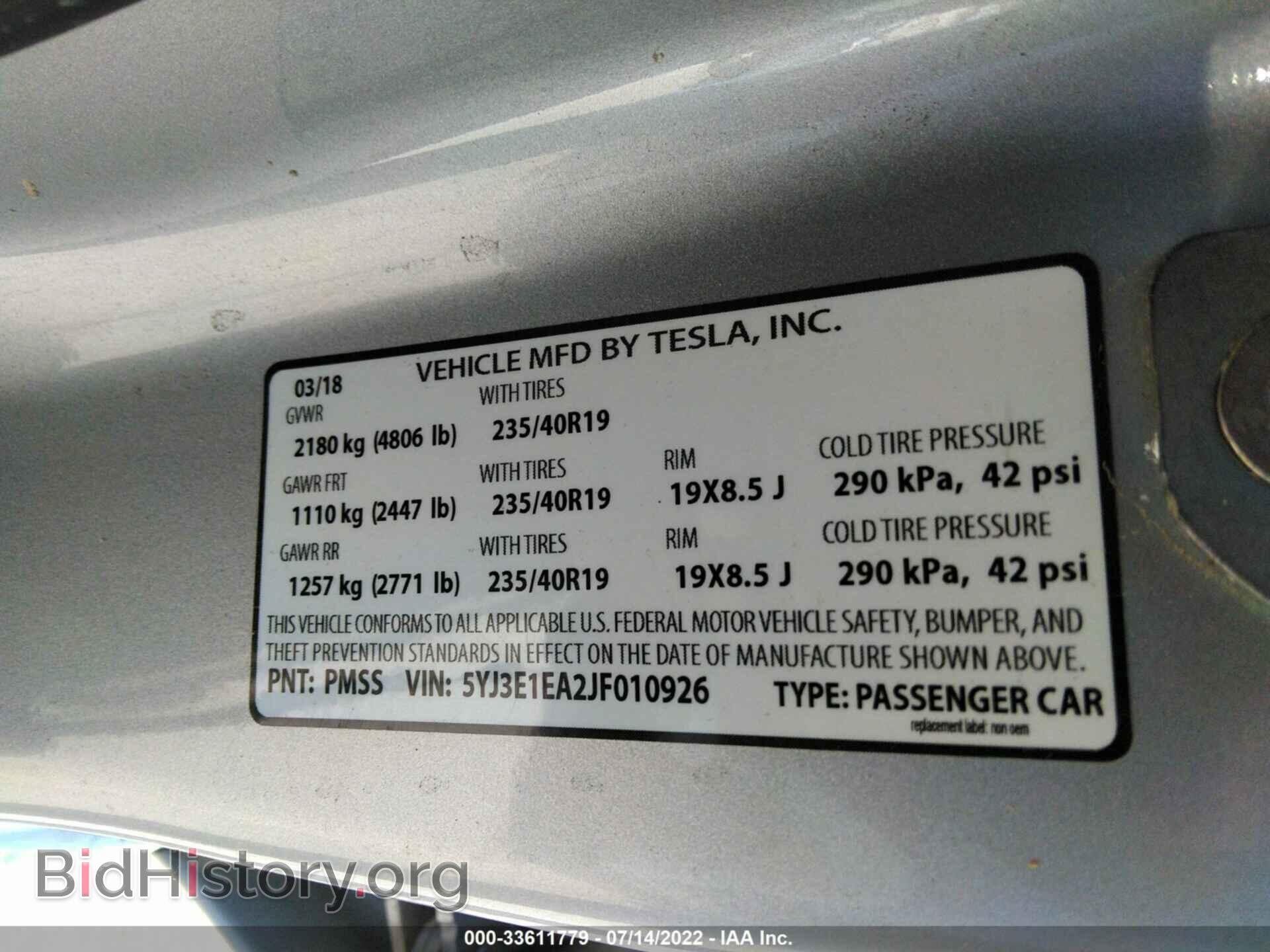 2018 TESLA MODEL 3 - VIN: 5YJ3E1EA2JF010926 - Фото 9