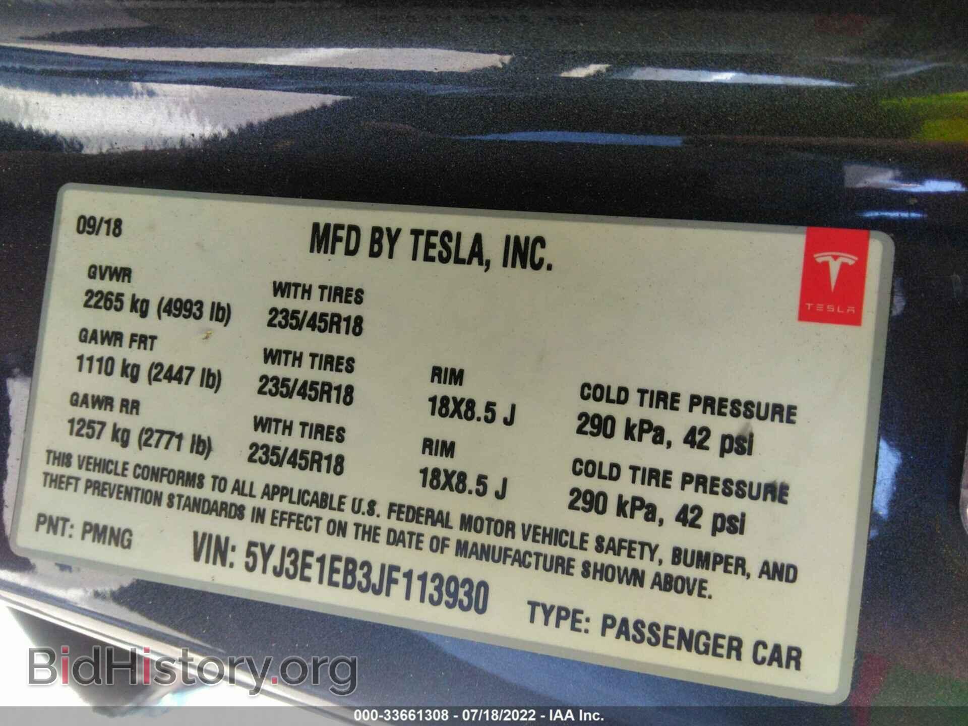 2018 TESLA MODEL 3 - VIN: 5YJ3E1EB3JF113930 - Фото 9