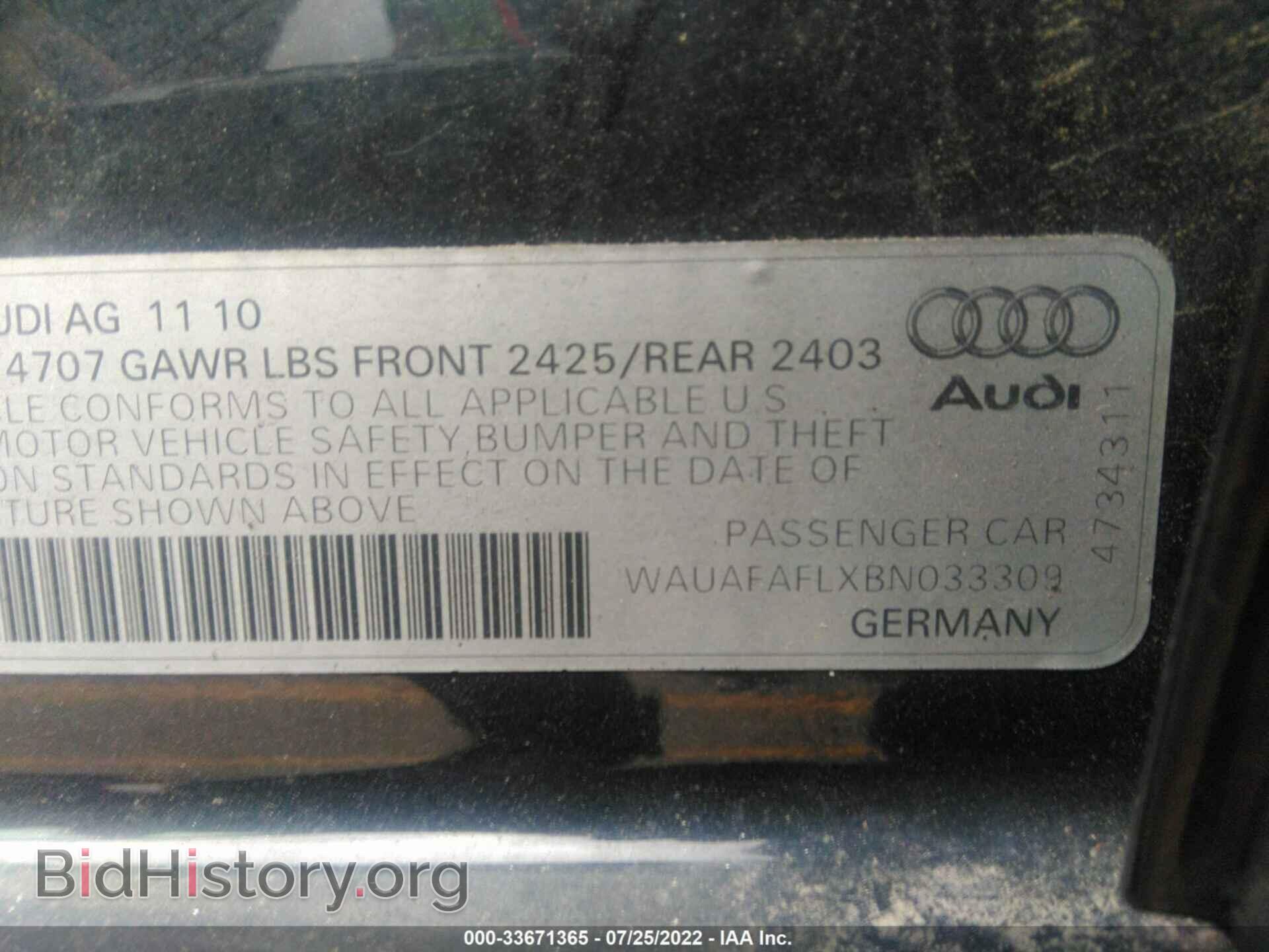 2011 AUDI A4 - VIN: WAUAFAFLXBN033309 - Фото 9