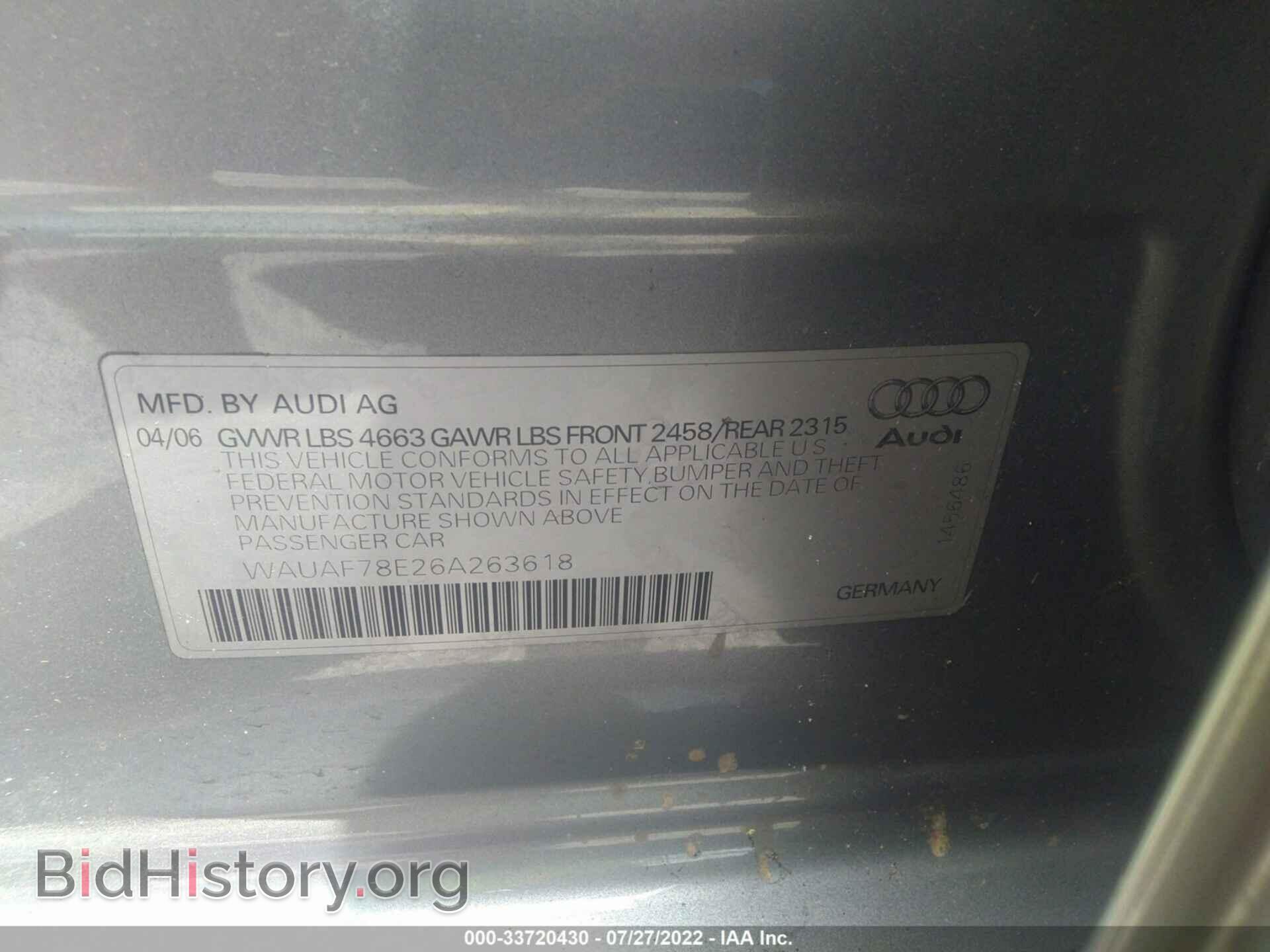 2006 AUDI A4 - VIN: WAUAF78E26A263618 - Фото 9