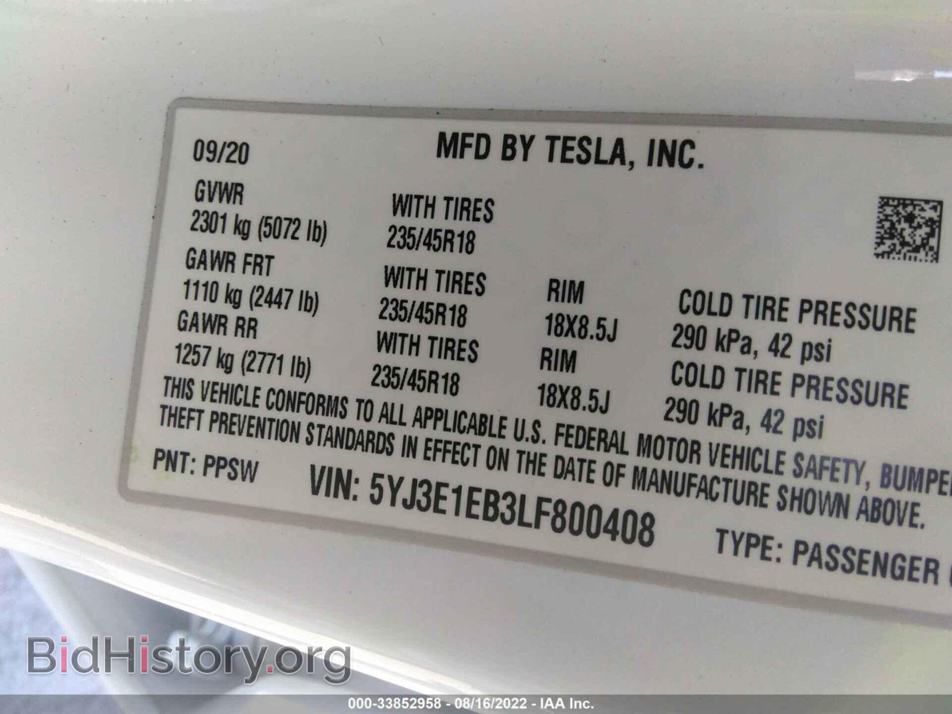 2020 TESLA MODEL 3 - VIN: 5YJ3E1EB3LF800408 - Фото 9