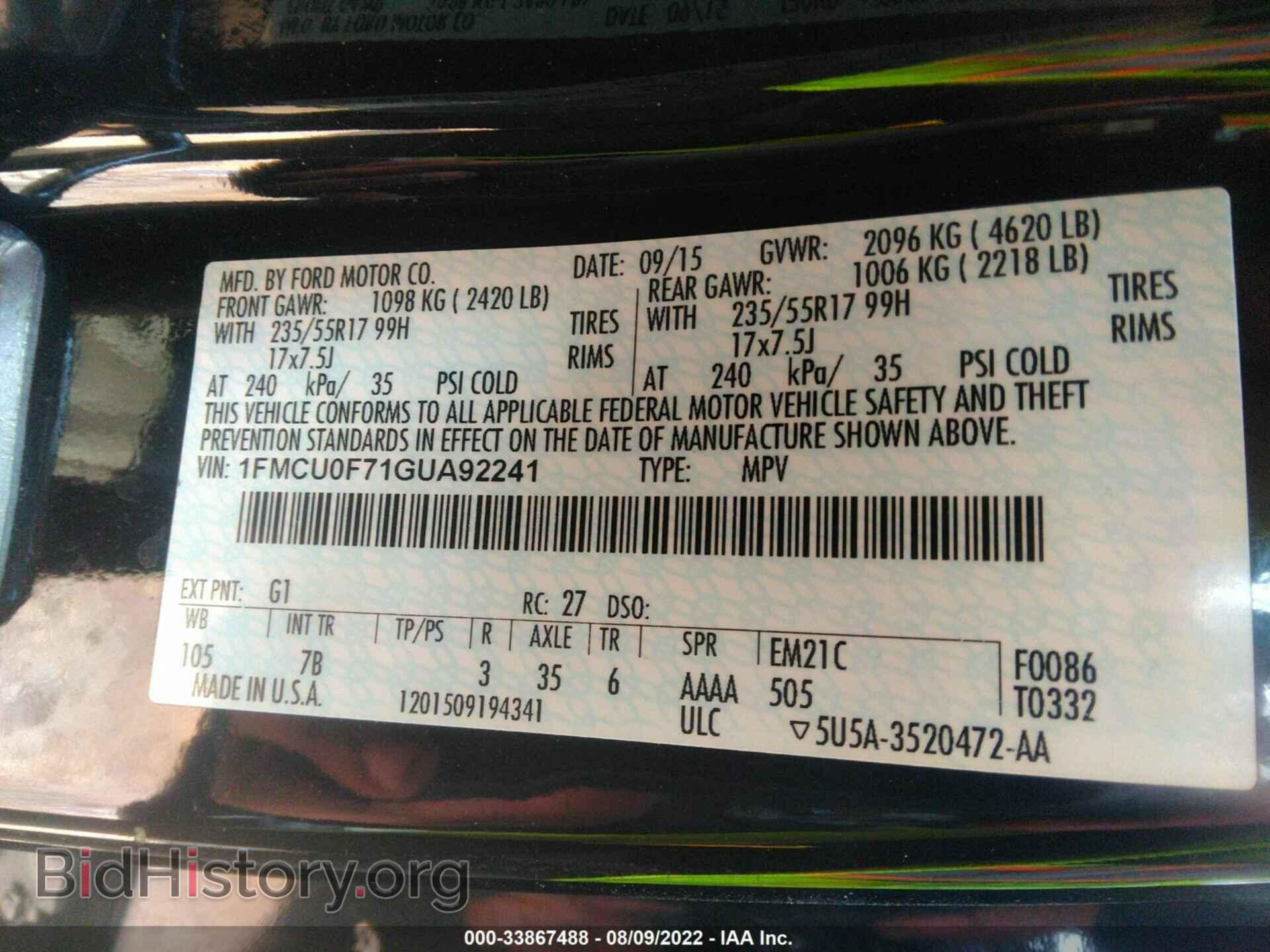2016 FORD ESCAPE - VIN: 1FMCU0F71GUA92241 - Photo 9