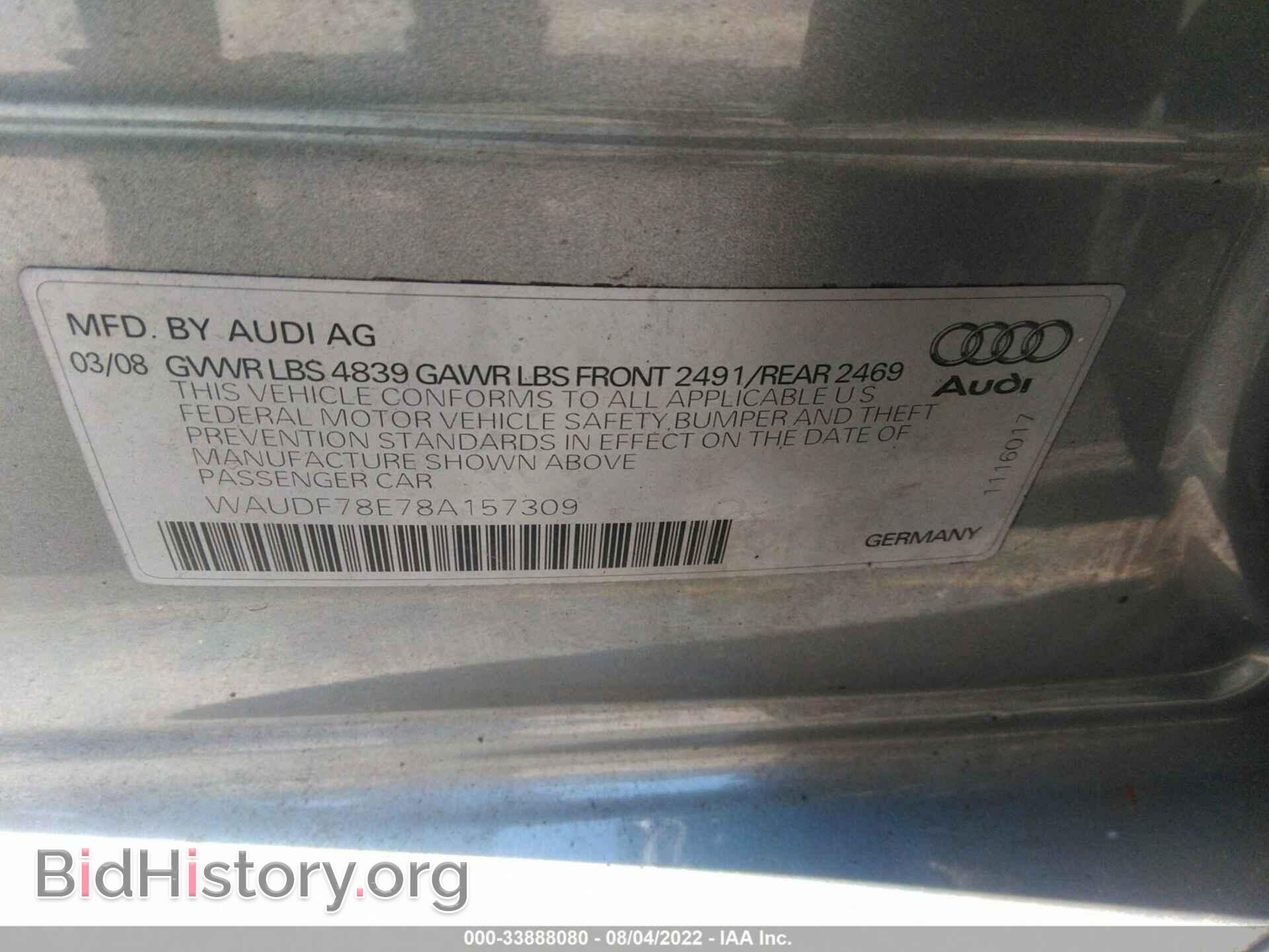2008 AUDI A4 - VIN: WAUDF78E78A157309 - Фото 9
