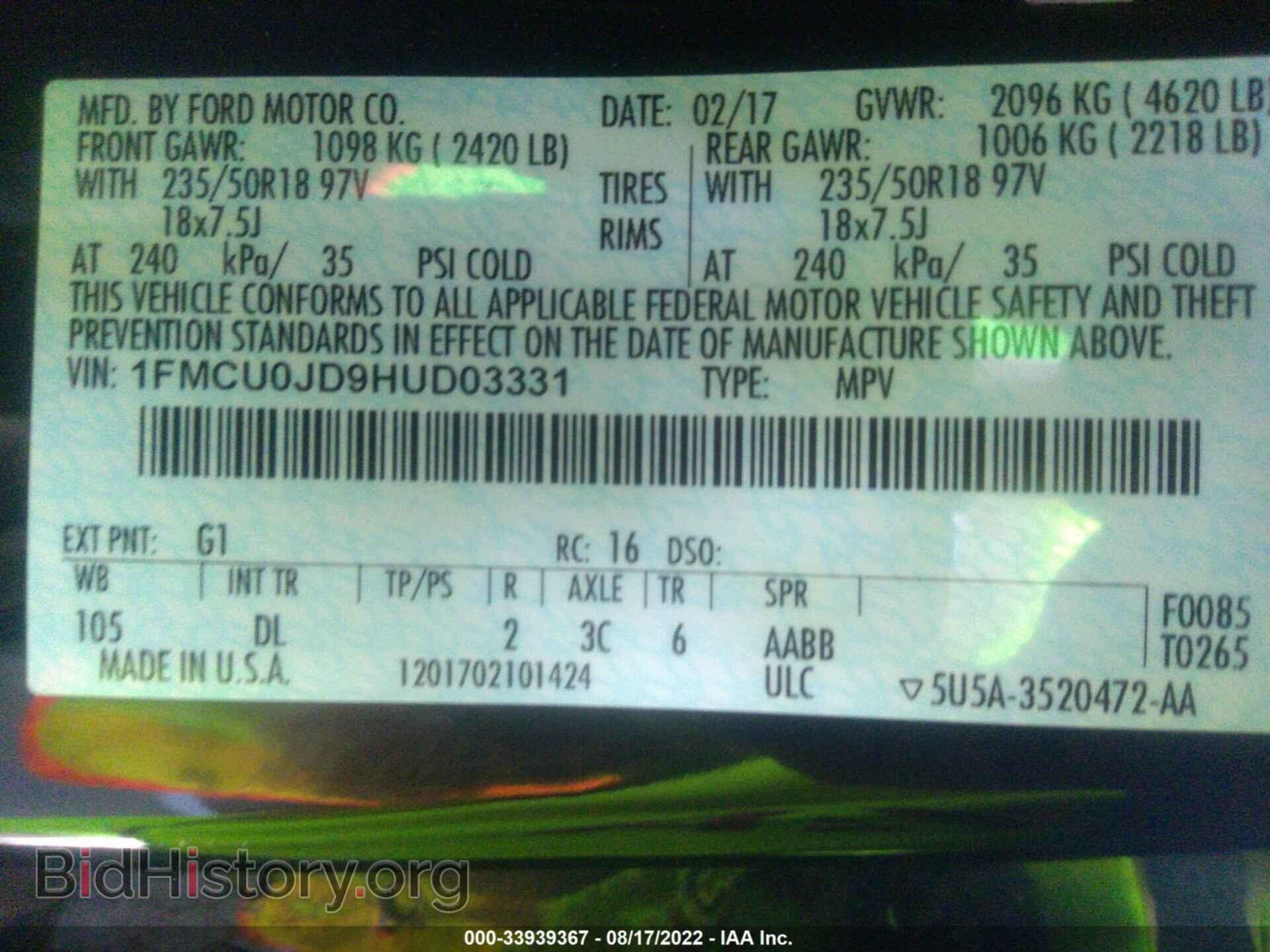 2017 FORD ESCAPE - VIN: 1FMCU0JD9HUD03331 - Photo 9