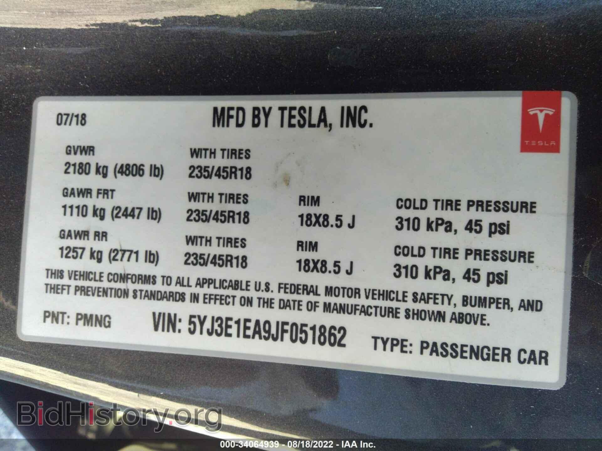 2018 TESLA MODEL 3 - VIN: 5YJ3E1EA9JF051862 - Фото 9