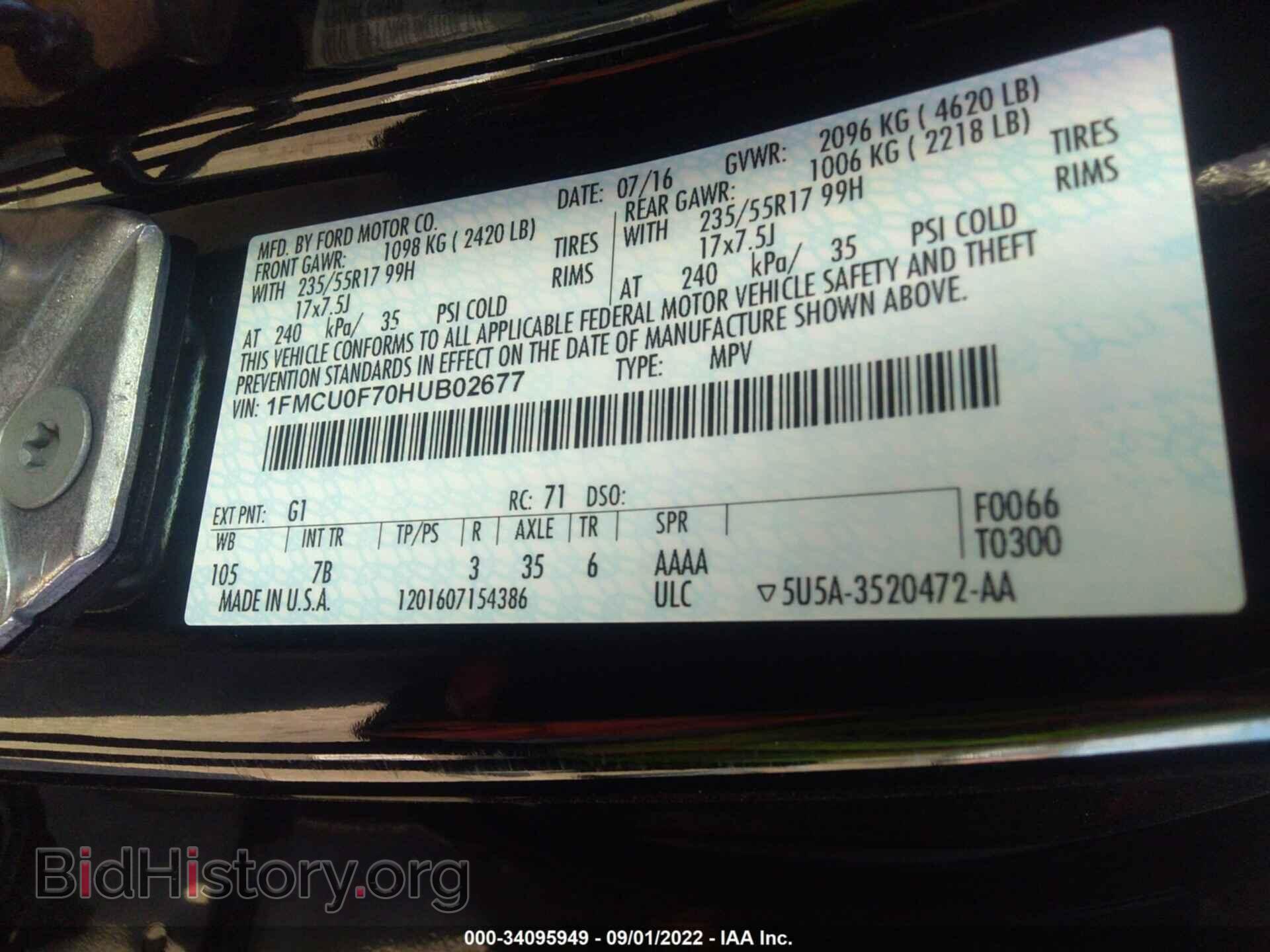 2017 FORD ESCAPE - VIN: 1FMCU0F70HUB02677 - Фото 9