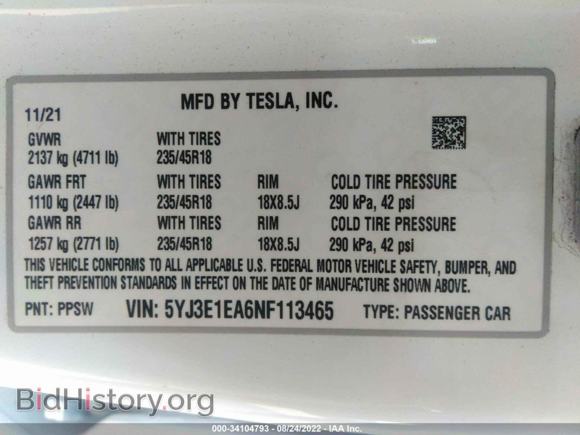 2022 TESLA MODEL 3 - VIN: 5YJ3E1EA6NF113465 - Фото 9