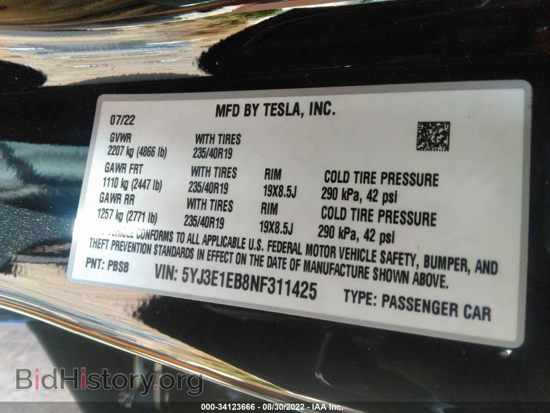 2022 TESLA MODEL 3 - VIN: 5YJ3E1EB8NF311425 - Фото 9