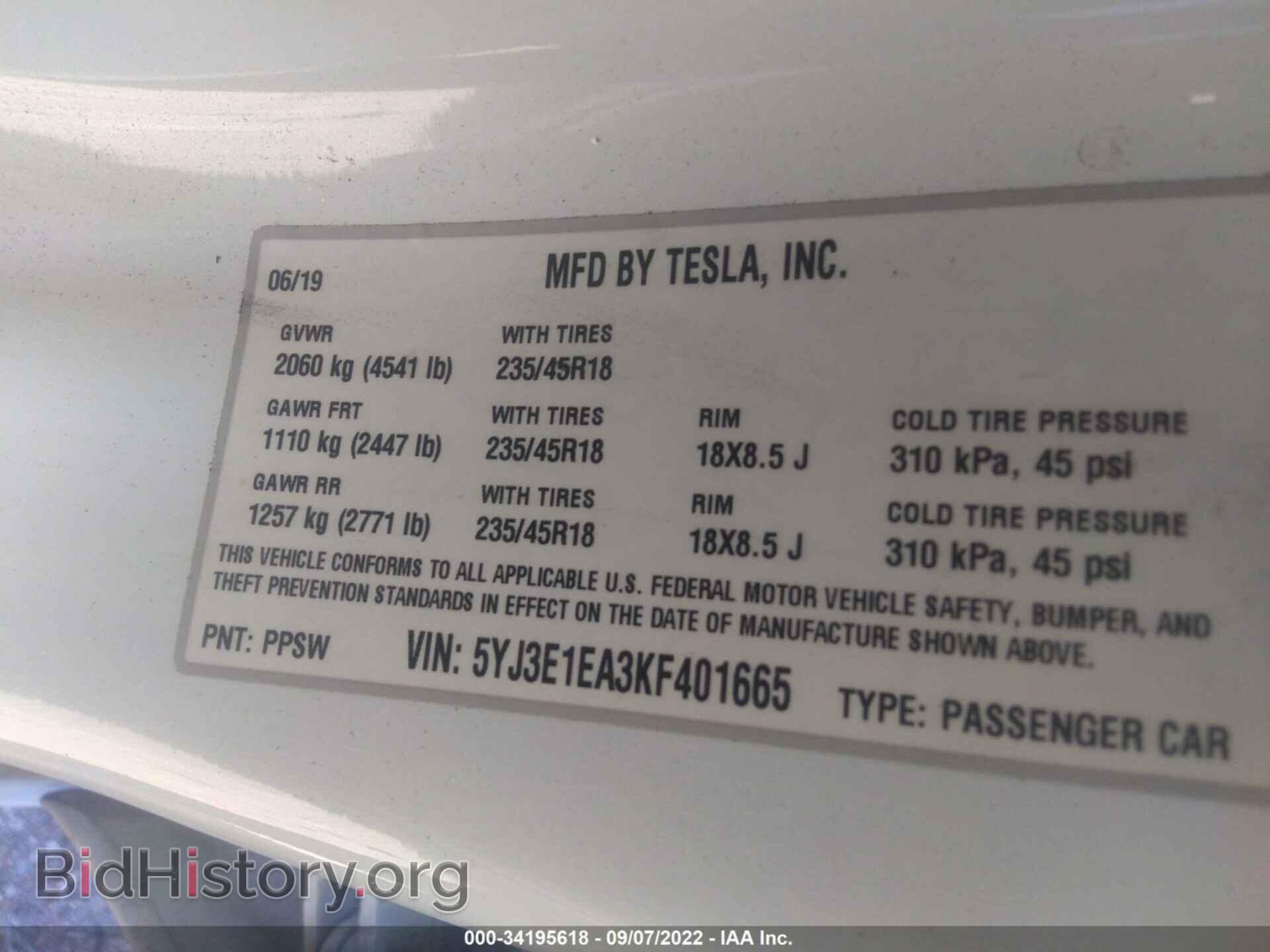 2019 TESLA MODEL 3 - VIN: 5YJ3E1EA3KF401665 - Фото 9