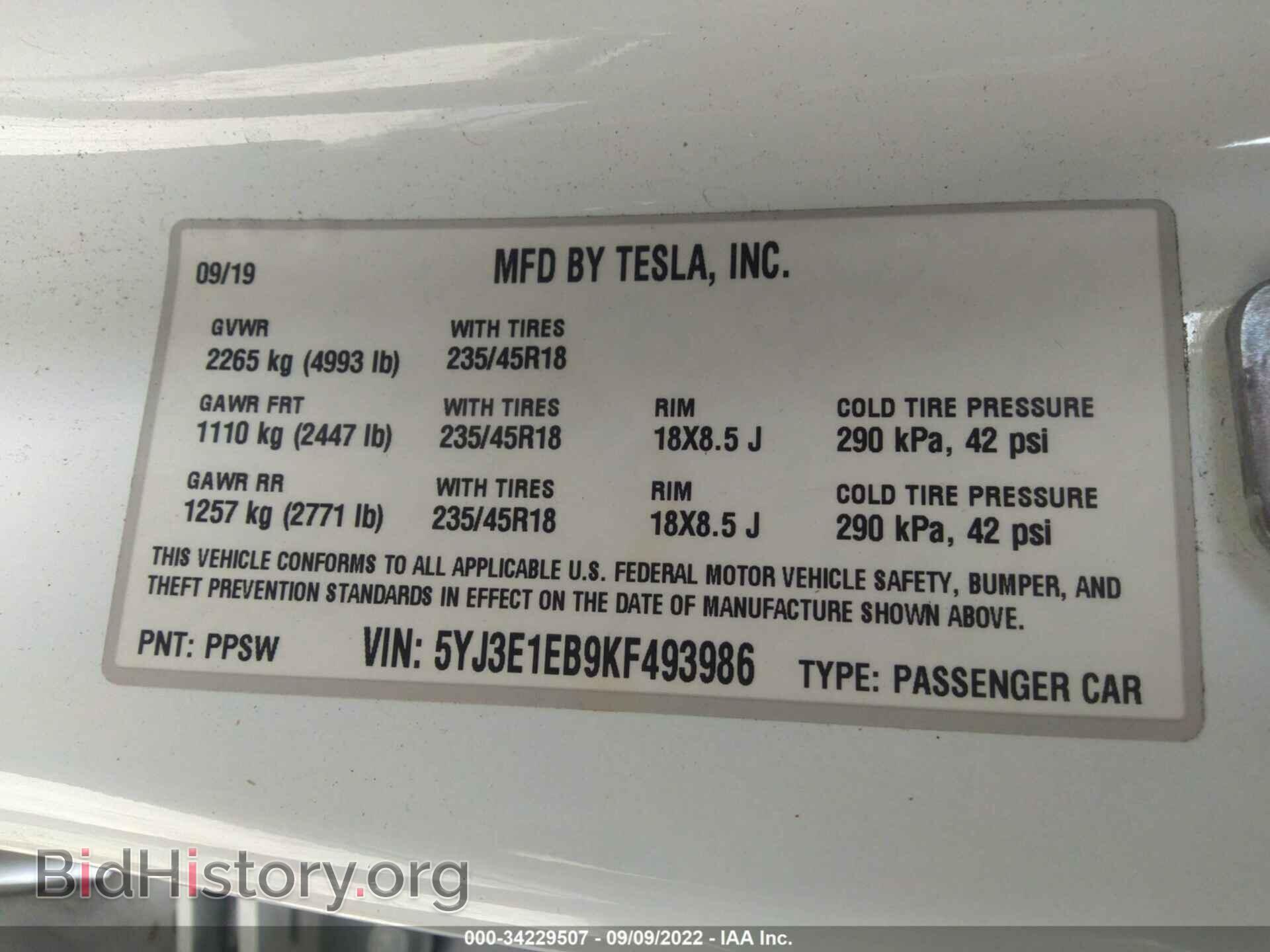 2019 TESLA MODEL 3 - VIN: 5YJ3E1EB9KF493986 - Фото 9