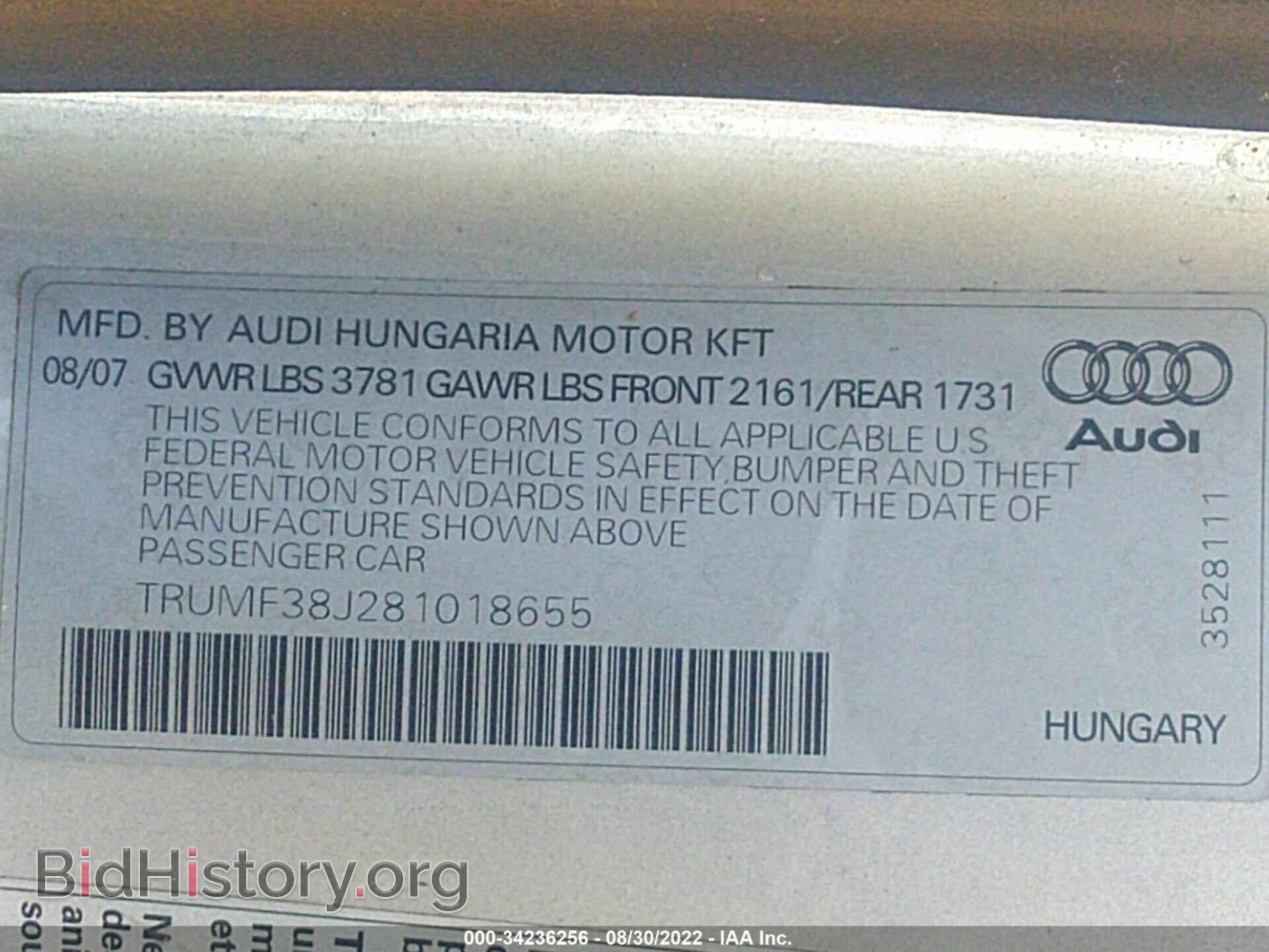 2008 AUDI TT - VIN: TRUMF38J281018655 - Фото 9