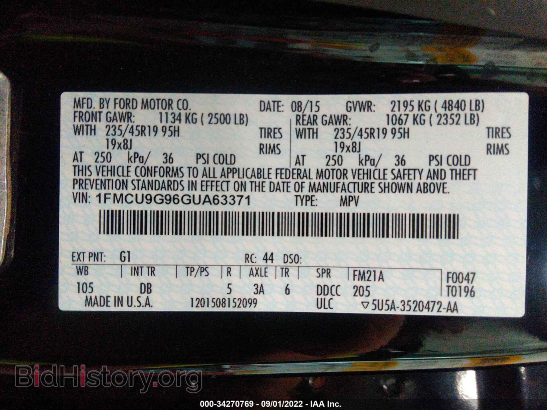 2016 FORD ESCAPE - VIN: 1FMCU9G96GUA63371 - Фото 9