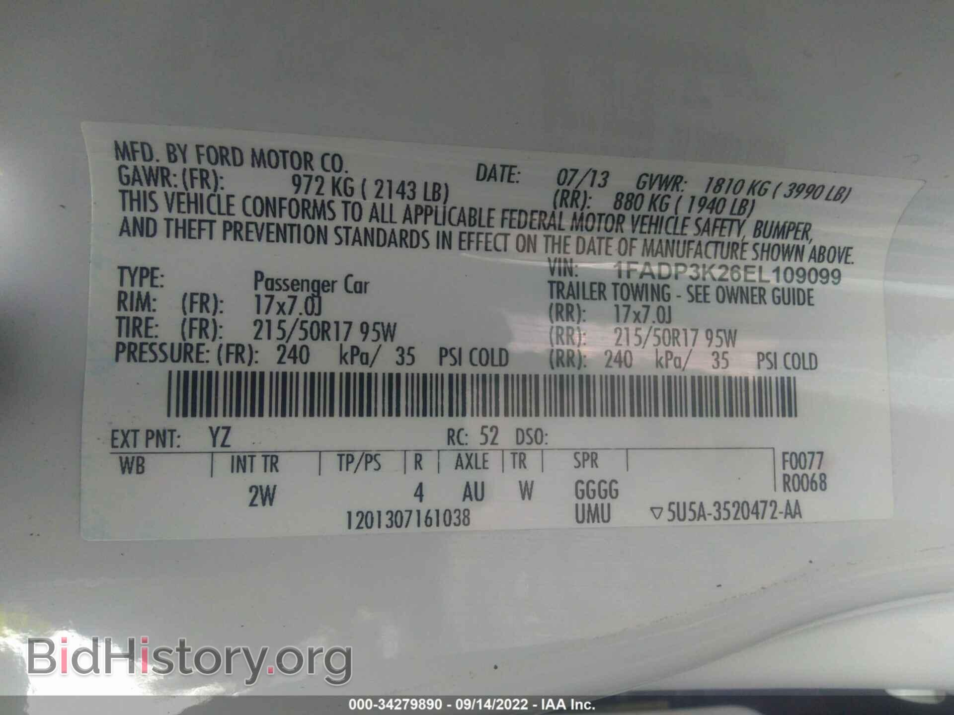 2014 FORD FOCUS - VIN: 1FADP3K26EL109099 - Фото 9