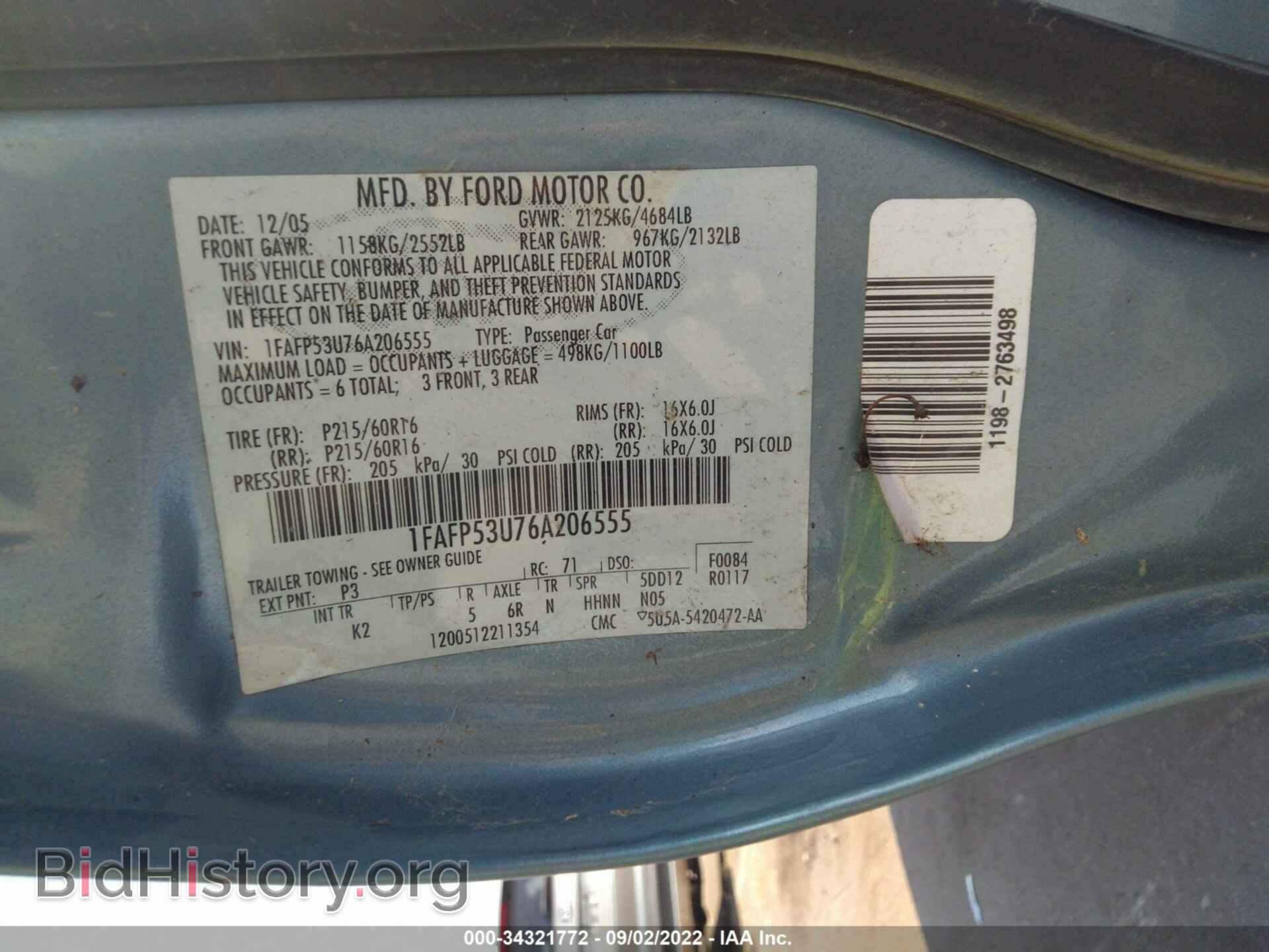 2006 FORD TAURUS - VIN: 1FAFP53U76A206555 - Фото 9