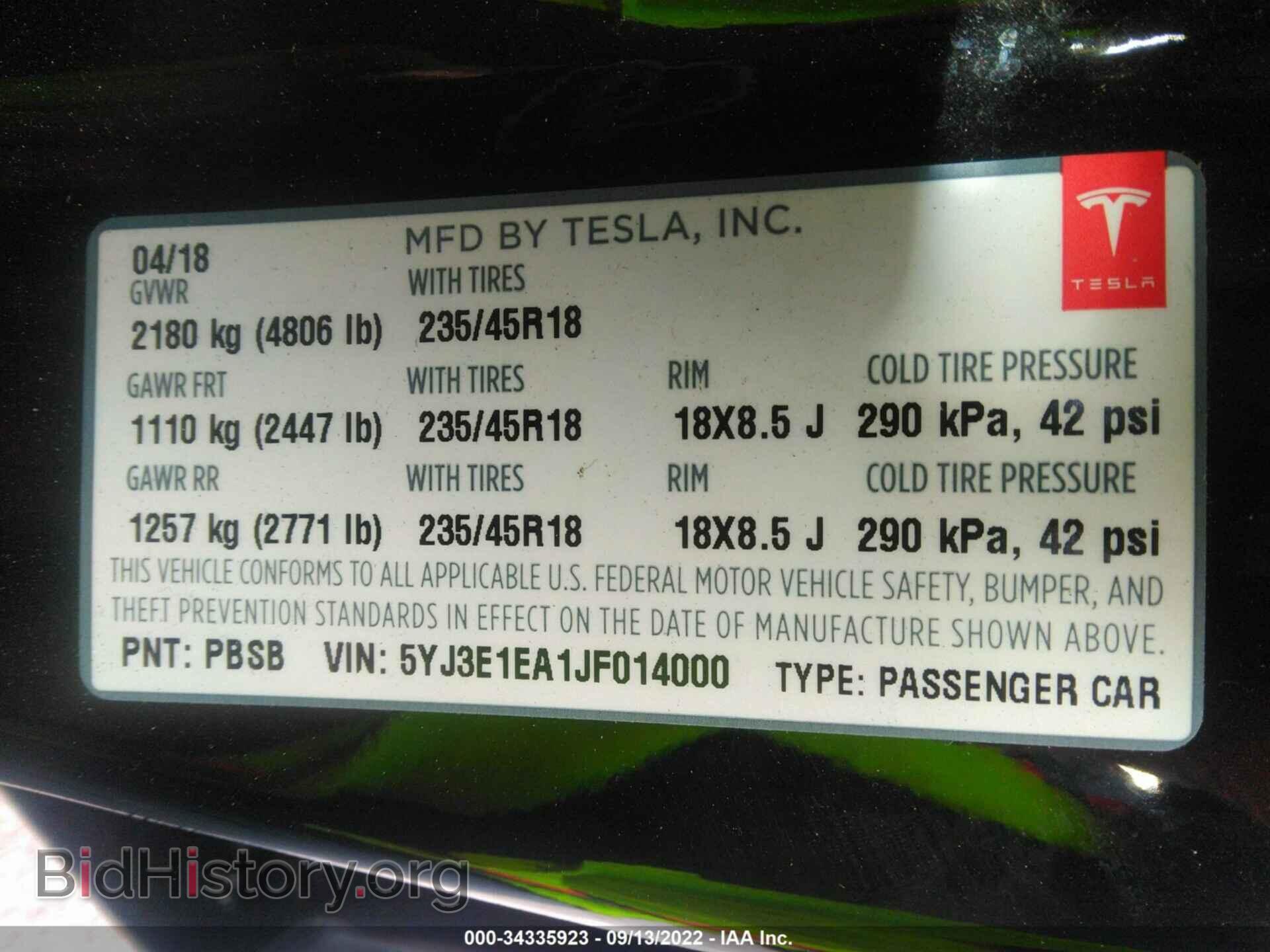 2018 TESLA MODEL 3 - VIN: 5YJ3E1EA1JF014000 - Фото 9