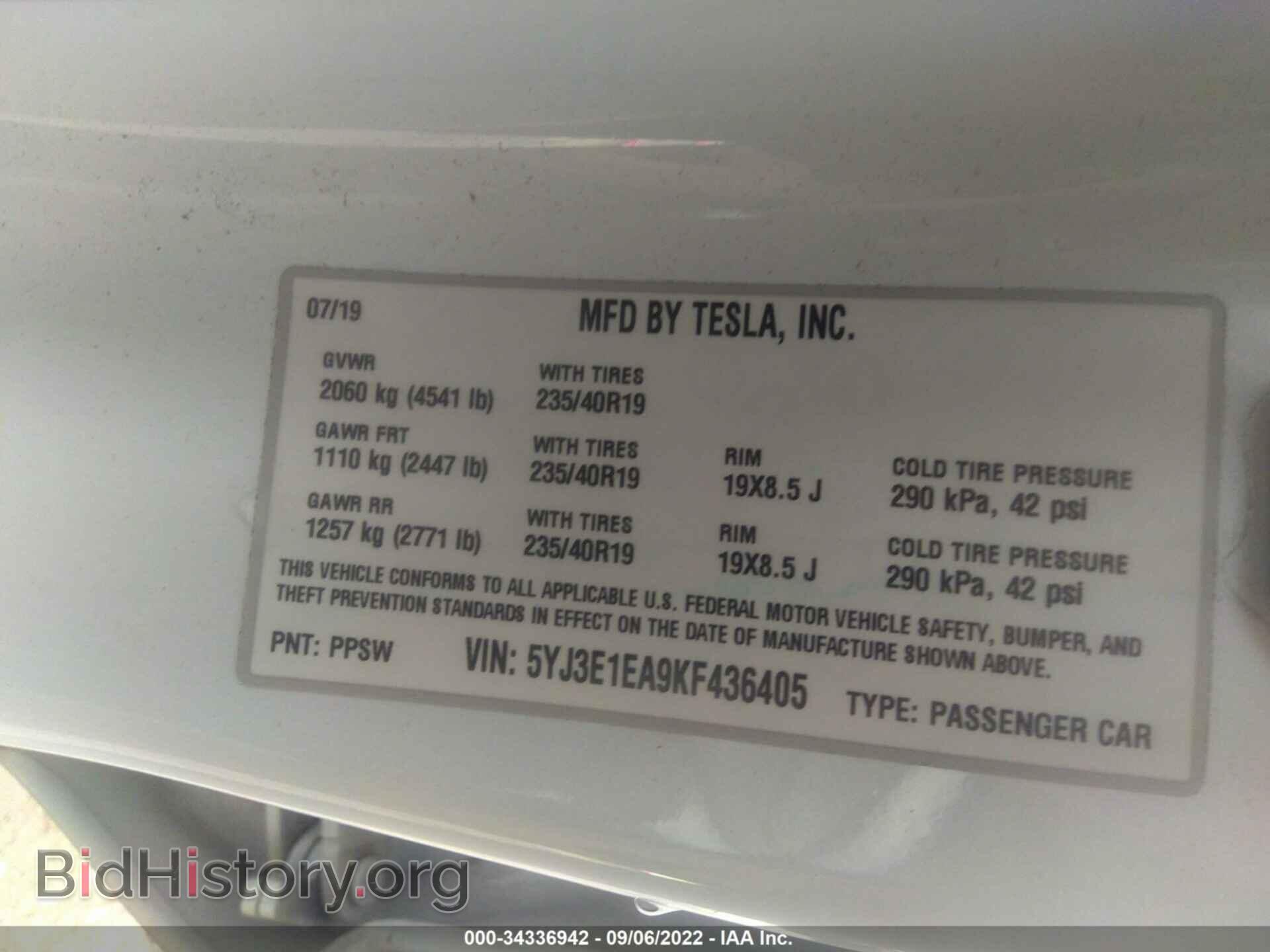 2019 TESLA MODEL 3 - VIN: 5YJ3E1EA9KF436405 - Photo 9