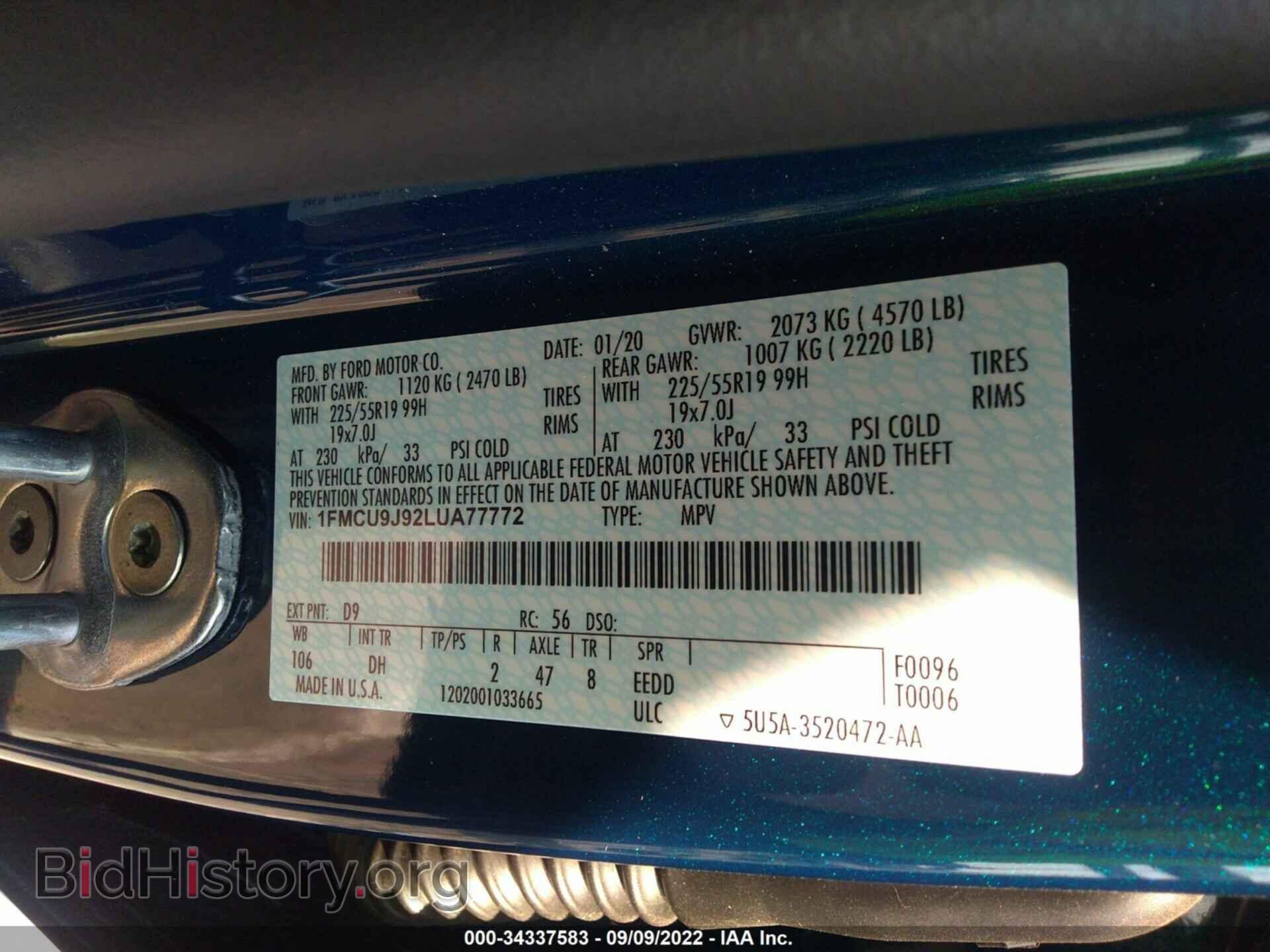 2020 FORD ESCAPE - VIN: 1FMCU9J92LUA77772 - Photo 9