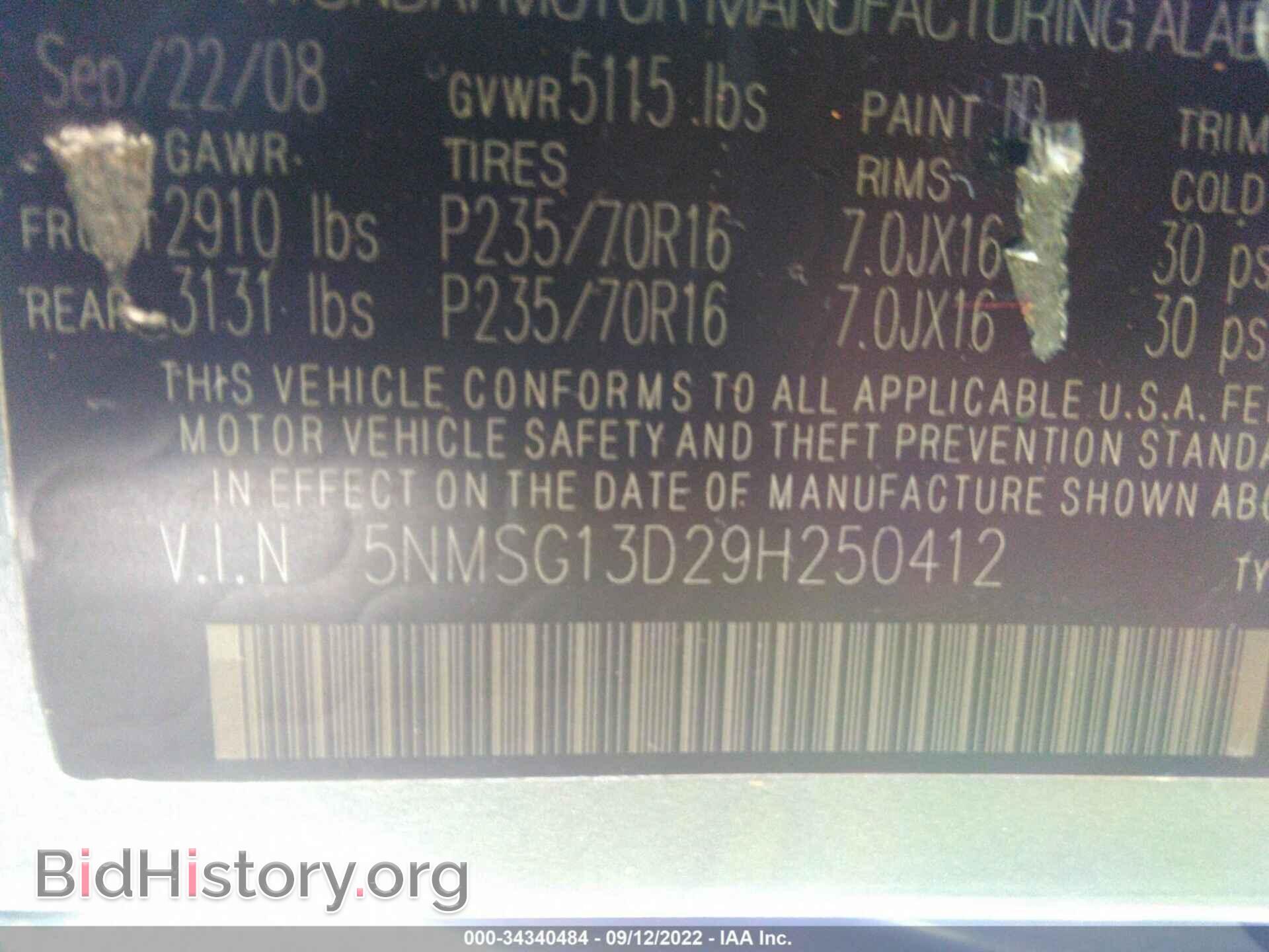 2009 HYUNDAI SANTA FE - VIN: 5NMSG13D29H250412 - Photo 9