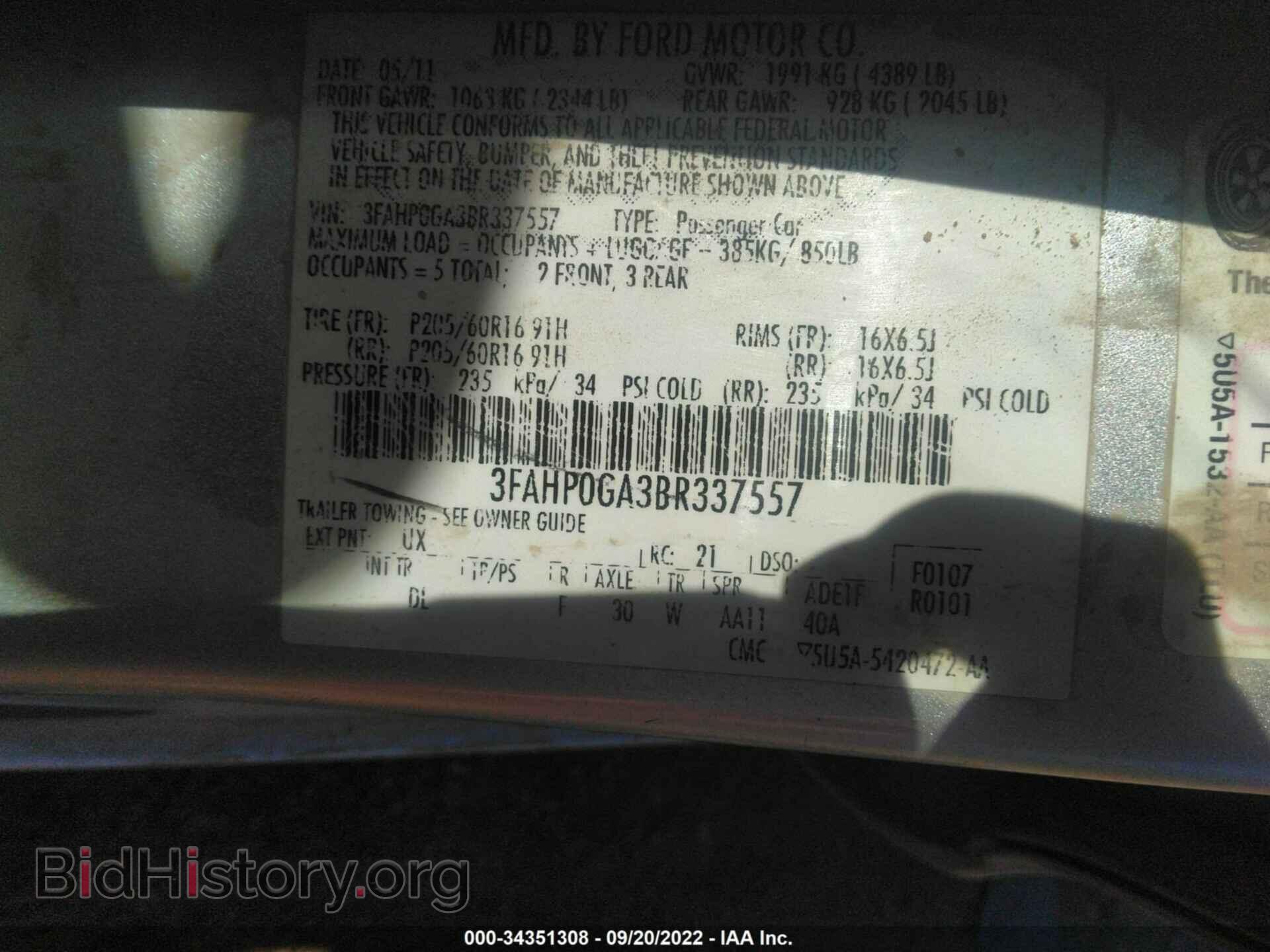2011 FORD FUSION - VIN: 3FAHP0GA3BR337557 - Photo 9