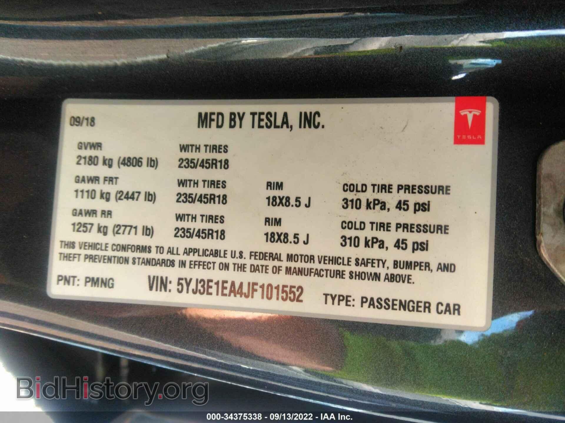 2018 TESLA MODEL 3 - VIN: 5YJ3E1EA4JF101552 - Фото 9