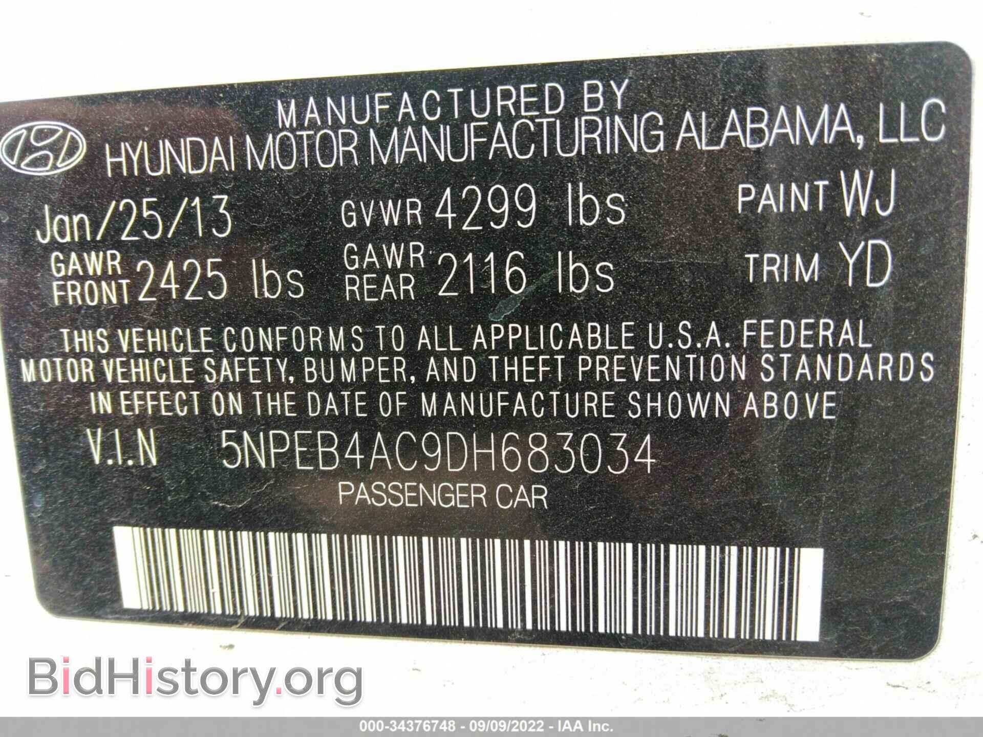2013 HYUNDAI SONATA - VIN: 5NPEB4AC9DH683034 - Photo 9